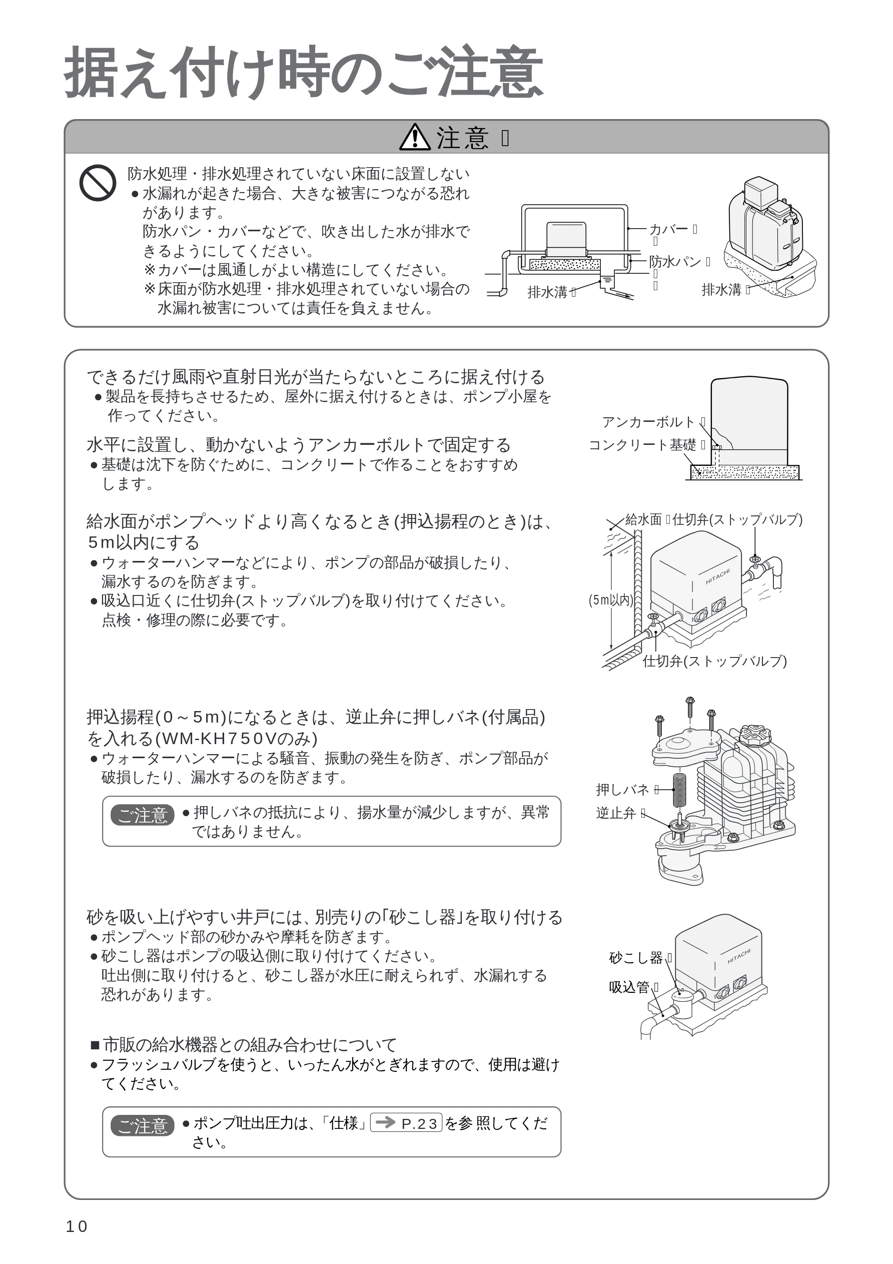 日立 WM-PH125V / WM-PH200V / WM-PH400V 取扱説明書 — 据え付け時のご注意 — 図版 10-1 — 10ページ
