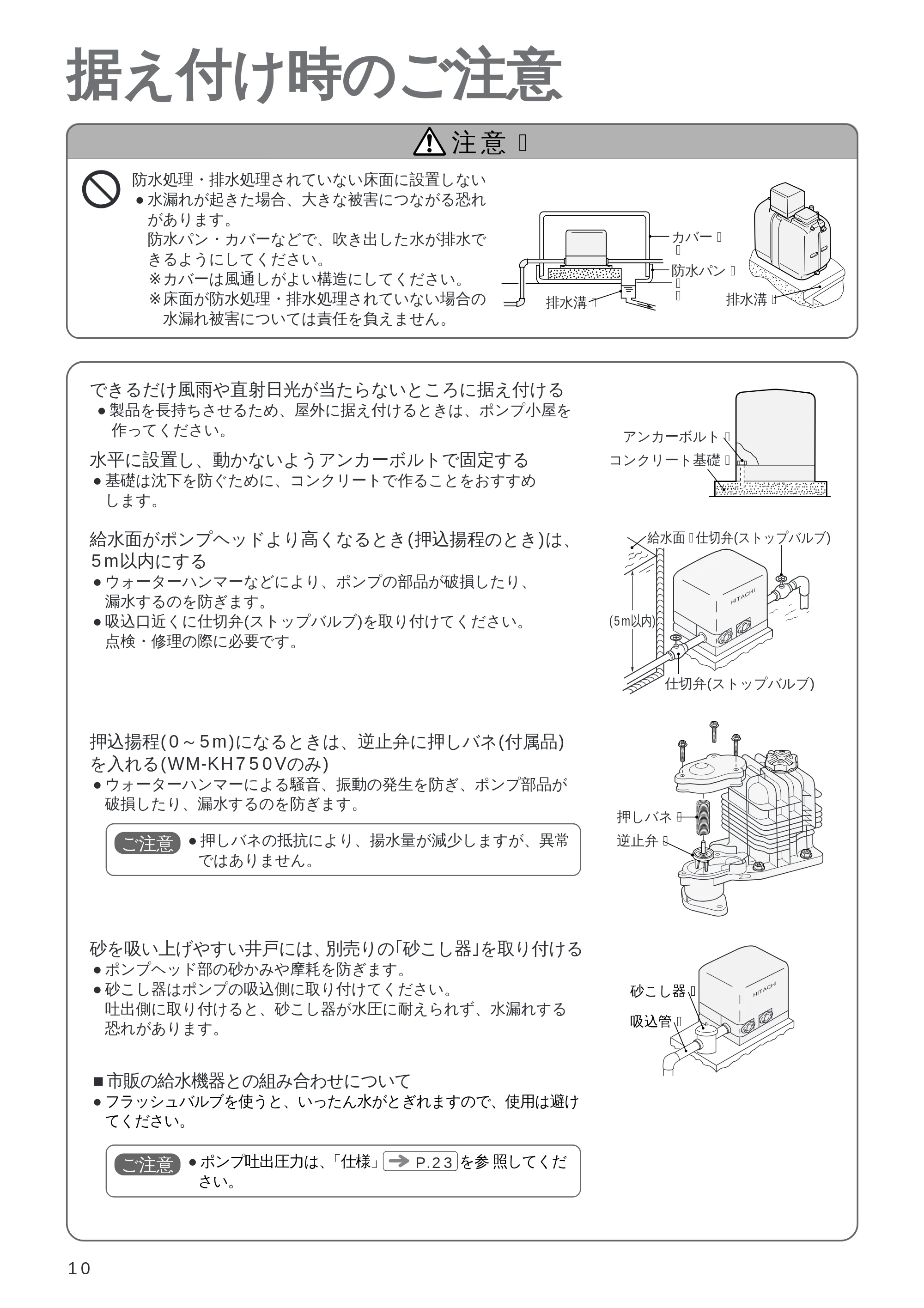 日立 WM-PH125V / WM-PH200V / WM-PH400V 取扱説明書 — 据え付け時のご注意 — 原本ページ — 10ページ