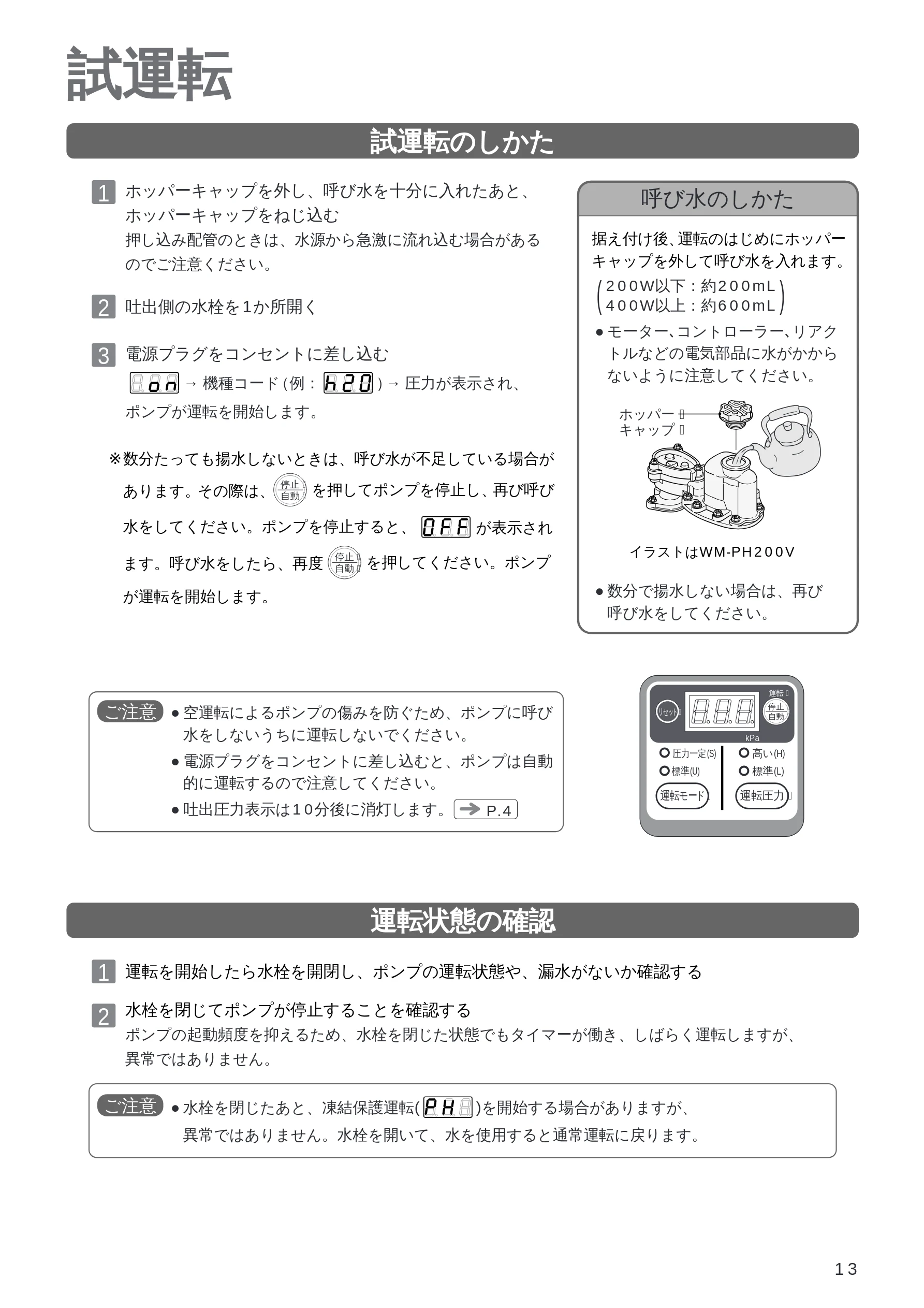 日立 WM-PH125V / WM-PH200V / WM-PH400V 取扱説明書 — 試運転 — 図版 13-1 — 13ページ