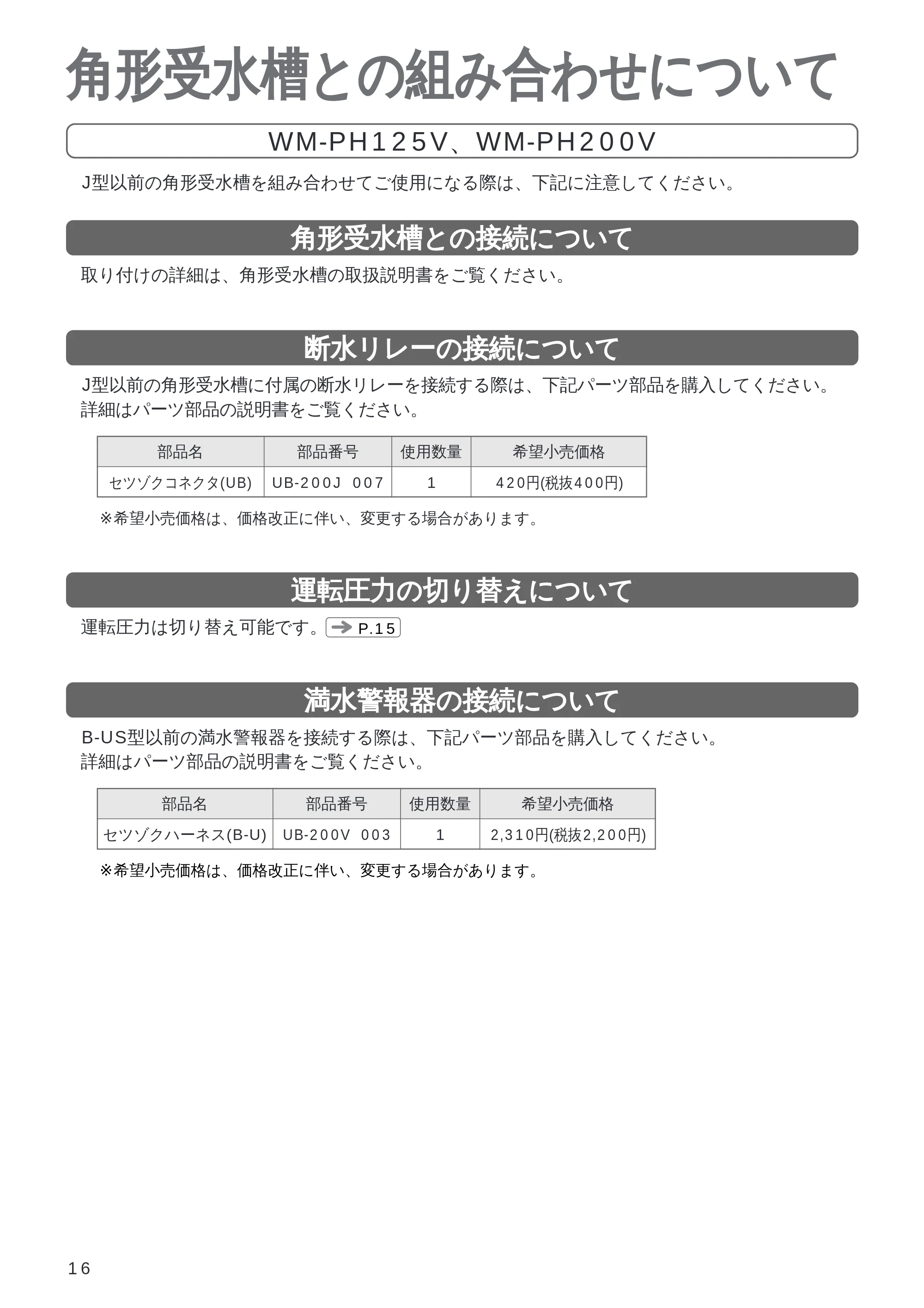 日立 WM-PH125V / WM-PH200V / WM-PH400V 取扱説明書 — 角形受水槽との組み合せについて — 原本ページ — 16ページ