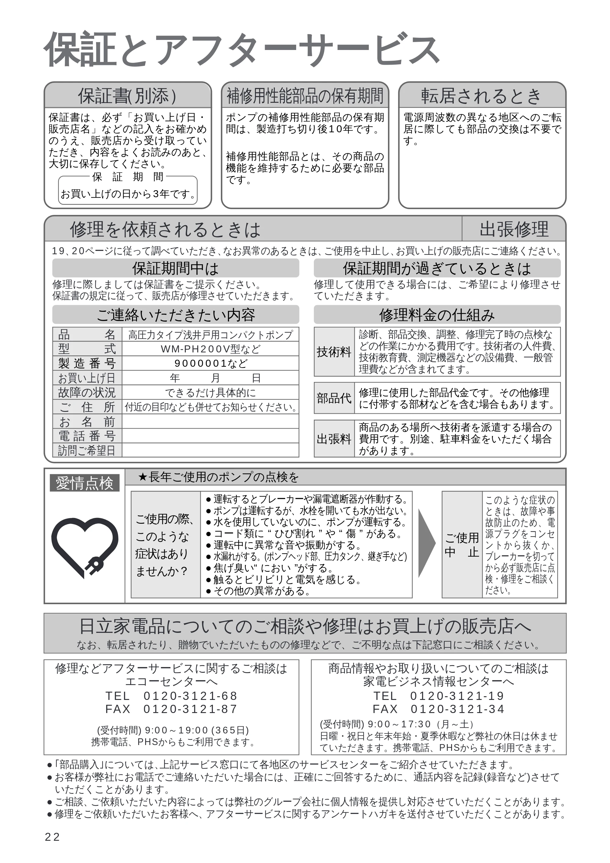 日立 WM-PH125V / WM-PH200V / WM-PH400V 取扱説明書 — 保証とｱﾌﾀｰｻｰﾋﾞｽ — 原本ページ — 22ページ