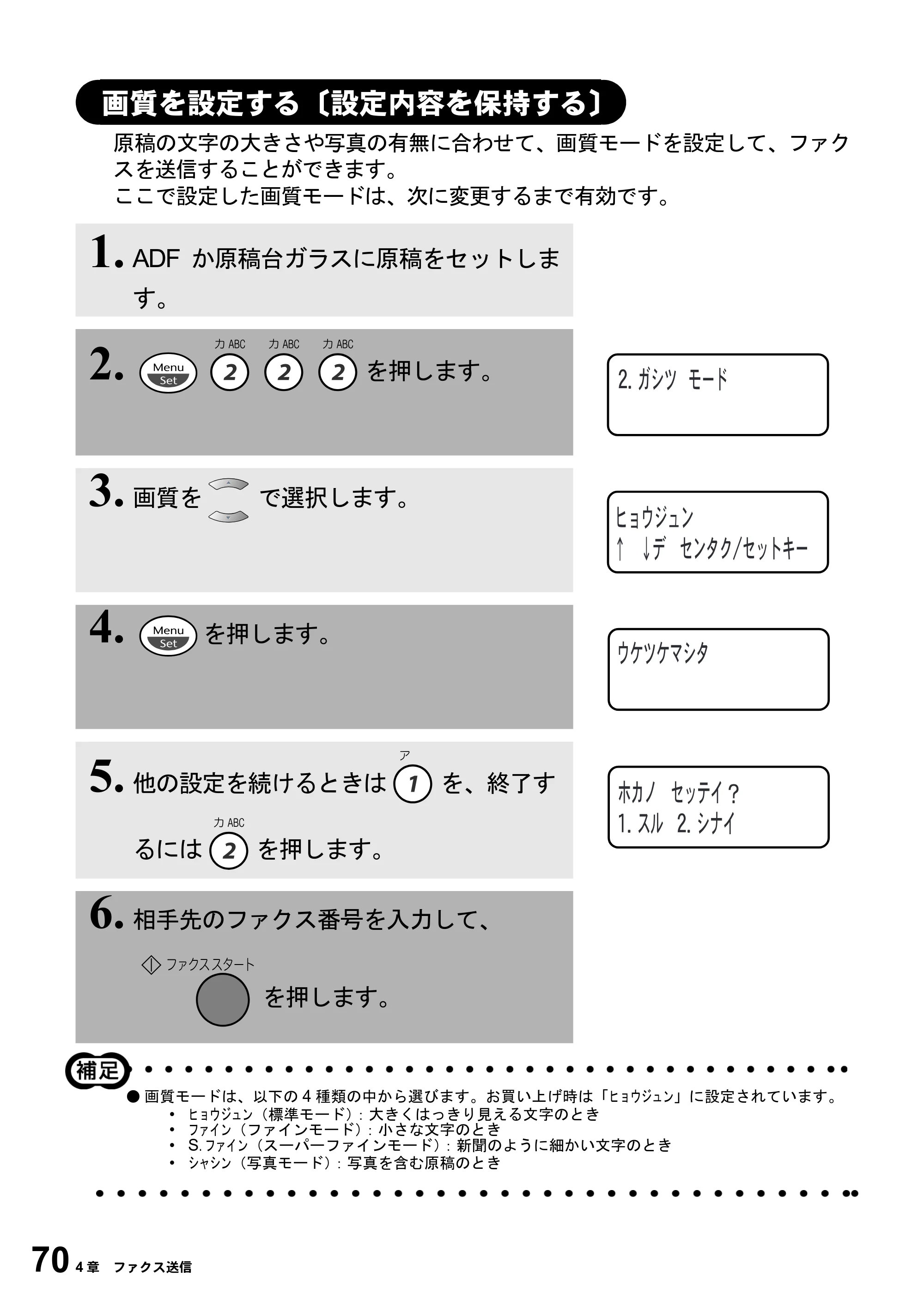 ブラザー MFC-6800J 取扱説明書（本体） — 画質を設定する〔設定内容を保持する〕 — 原本ページ — 84ページ