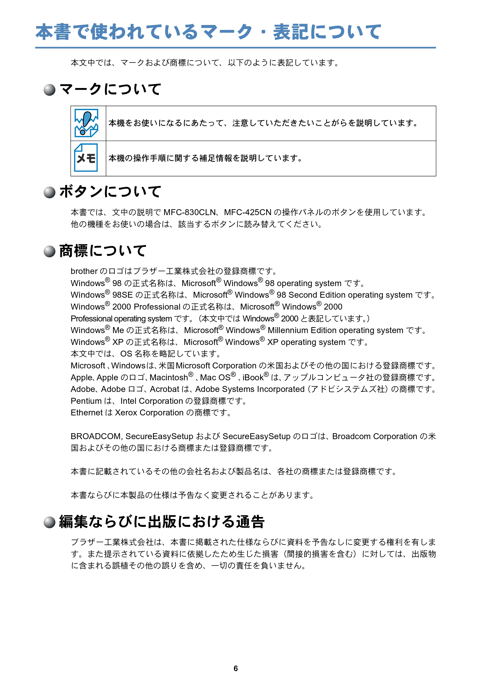 ブラザー MFC-425CN / MFC-820CN / MFC-830CLN ネットワーク取扱説明書 — 本書で使われているマーク・表記について — 原本ページ — 7ページ