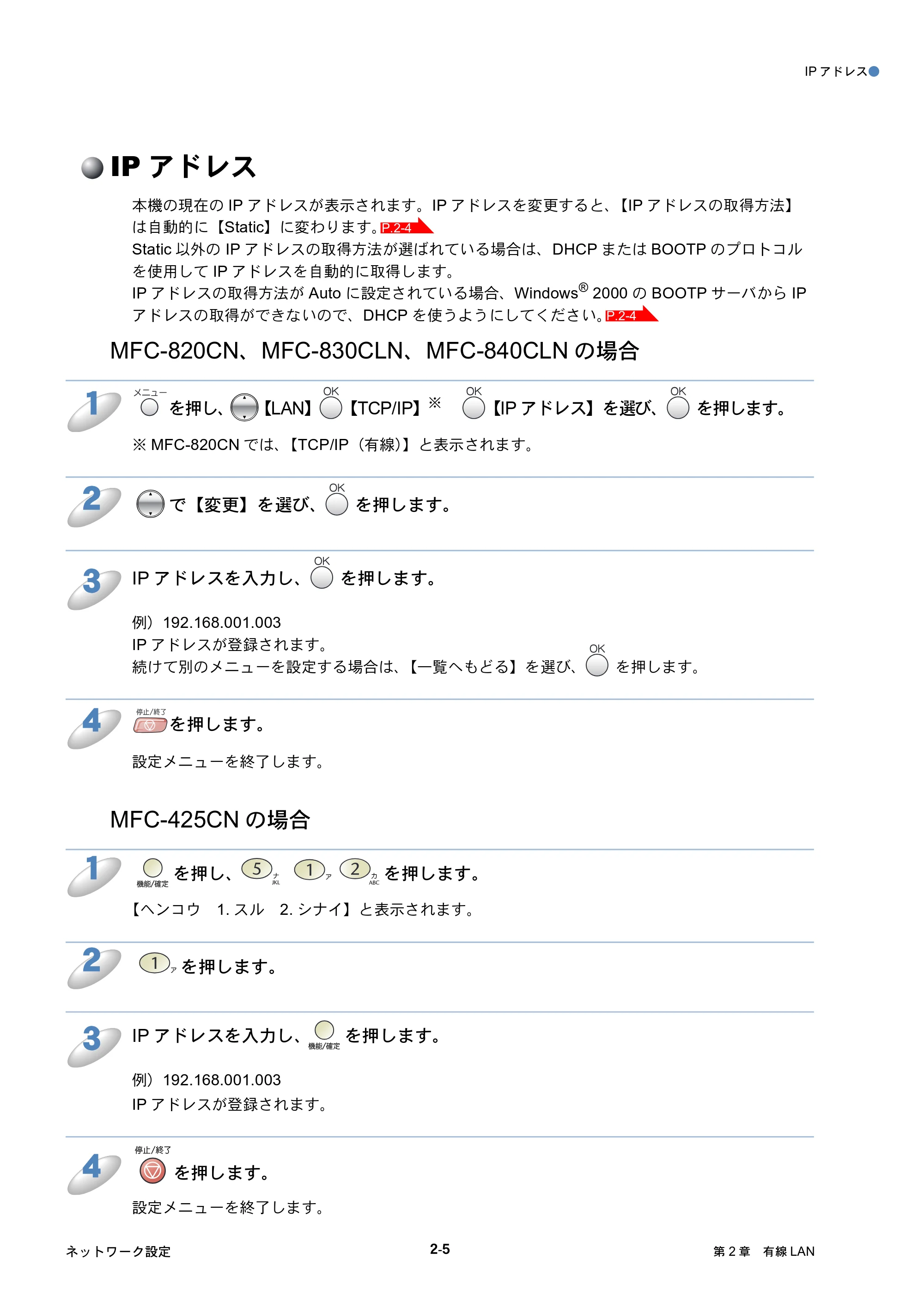 ブラザー MFC-425CN / MFC-820CN / MFC-830CLN ネットワーク取扱説明書 — IPアドレス — 原本ページ — 25ページ