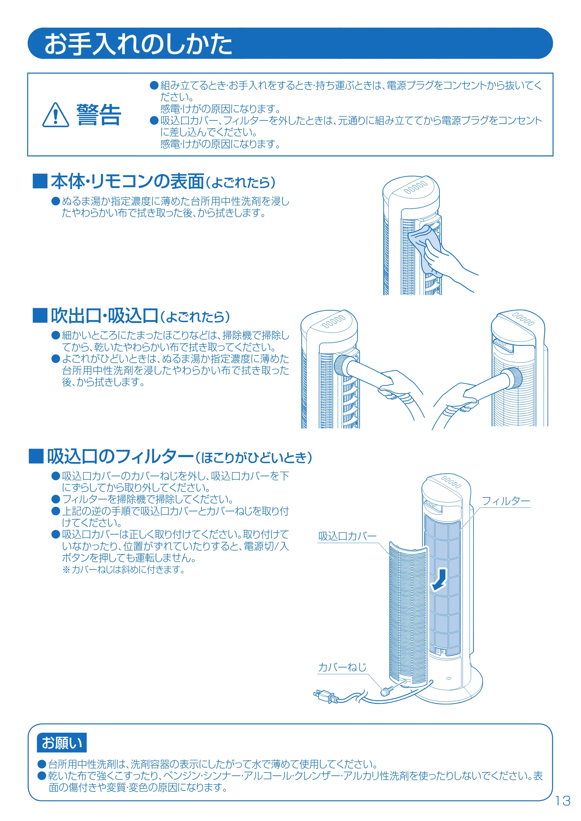 アイリスオーヤマ TFL-80 取扱説明書 — お手入れのしかた — 原本ページ — 13ページ