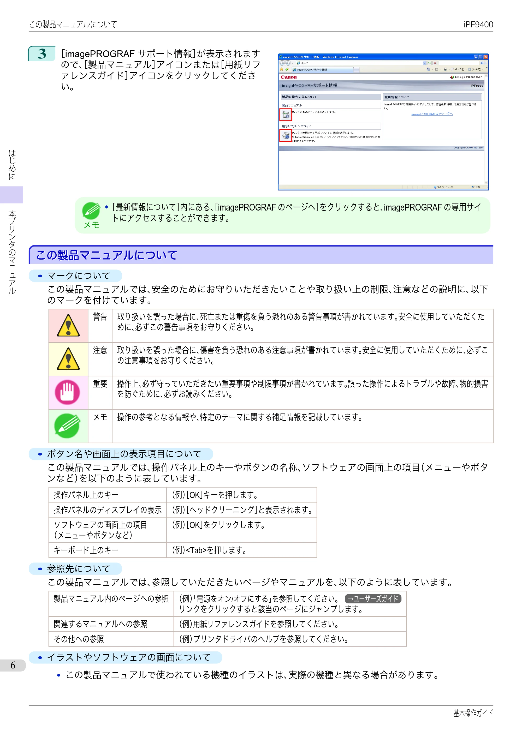 キヤノン iPF9400 基本操作ガイド(PDF:21.1MB) — この製品マニュアルについて — 原本ページ — 6ページ