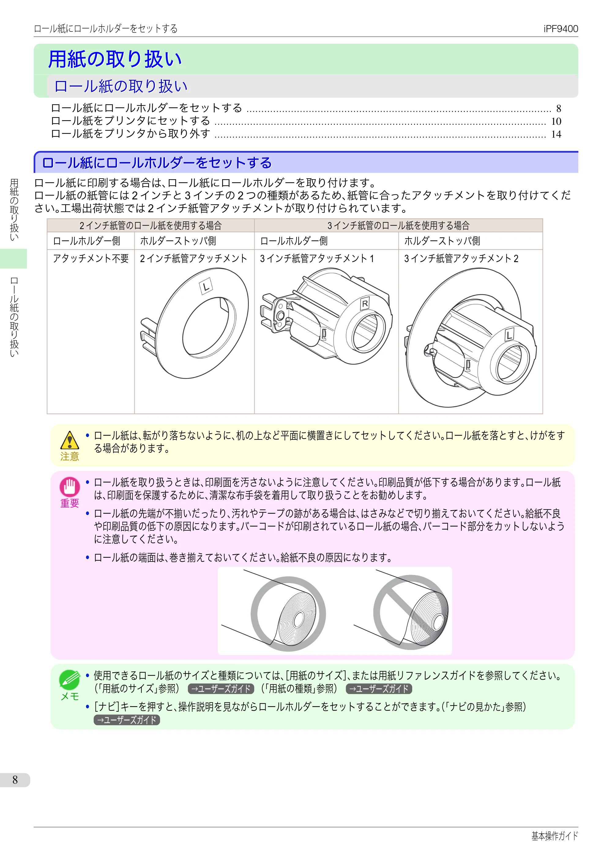 キヤノン iPF9400 基本操作ガイド(PDF:21.1MB) — 用紙の取り扱い — 原本ページ — 8ページ