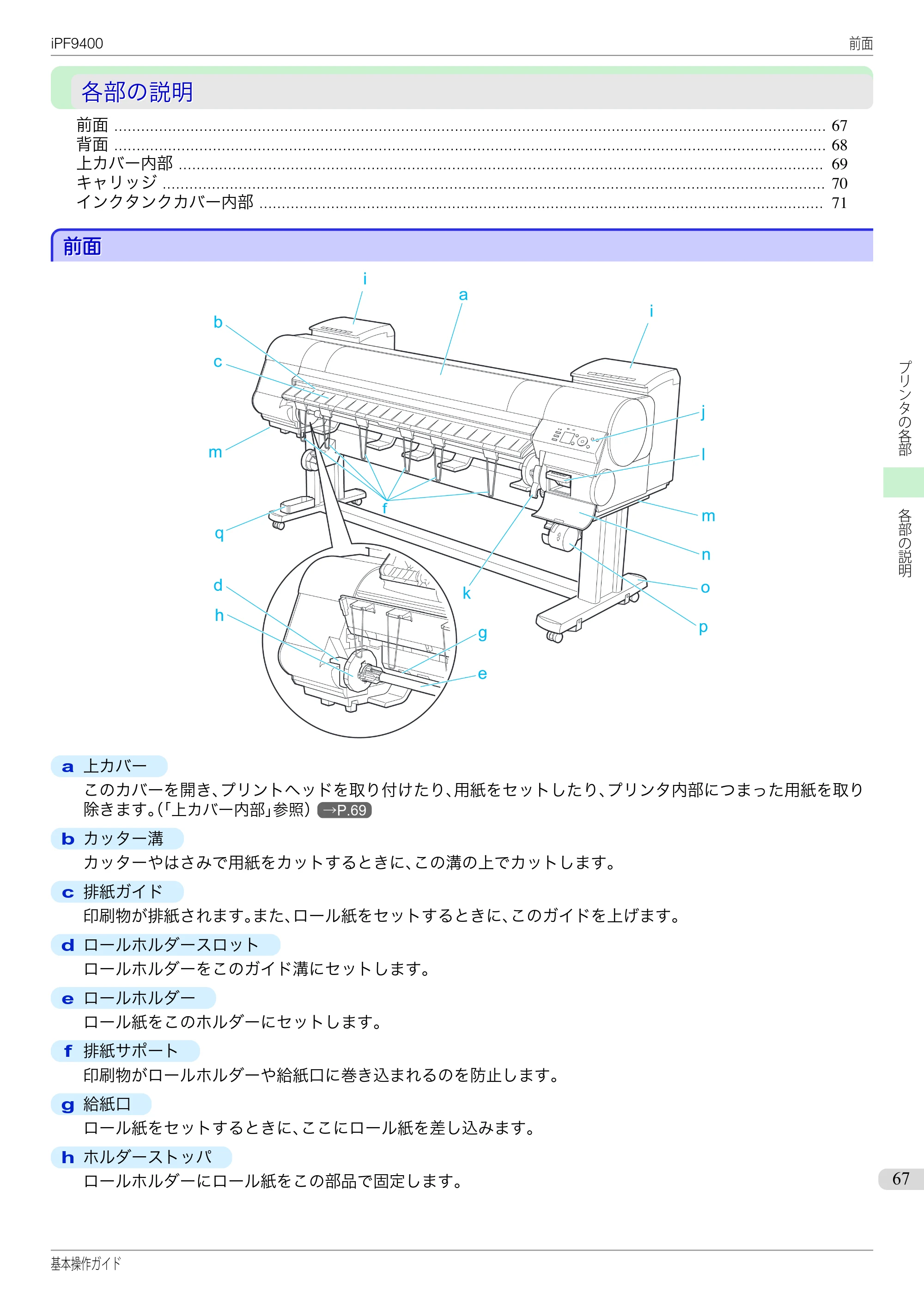 キヤノン iPF9400 基本操作ガイド（PDF：21.1MB） — 各部の説明 — 原本ページ — 67ページ