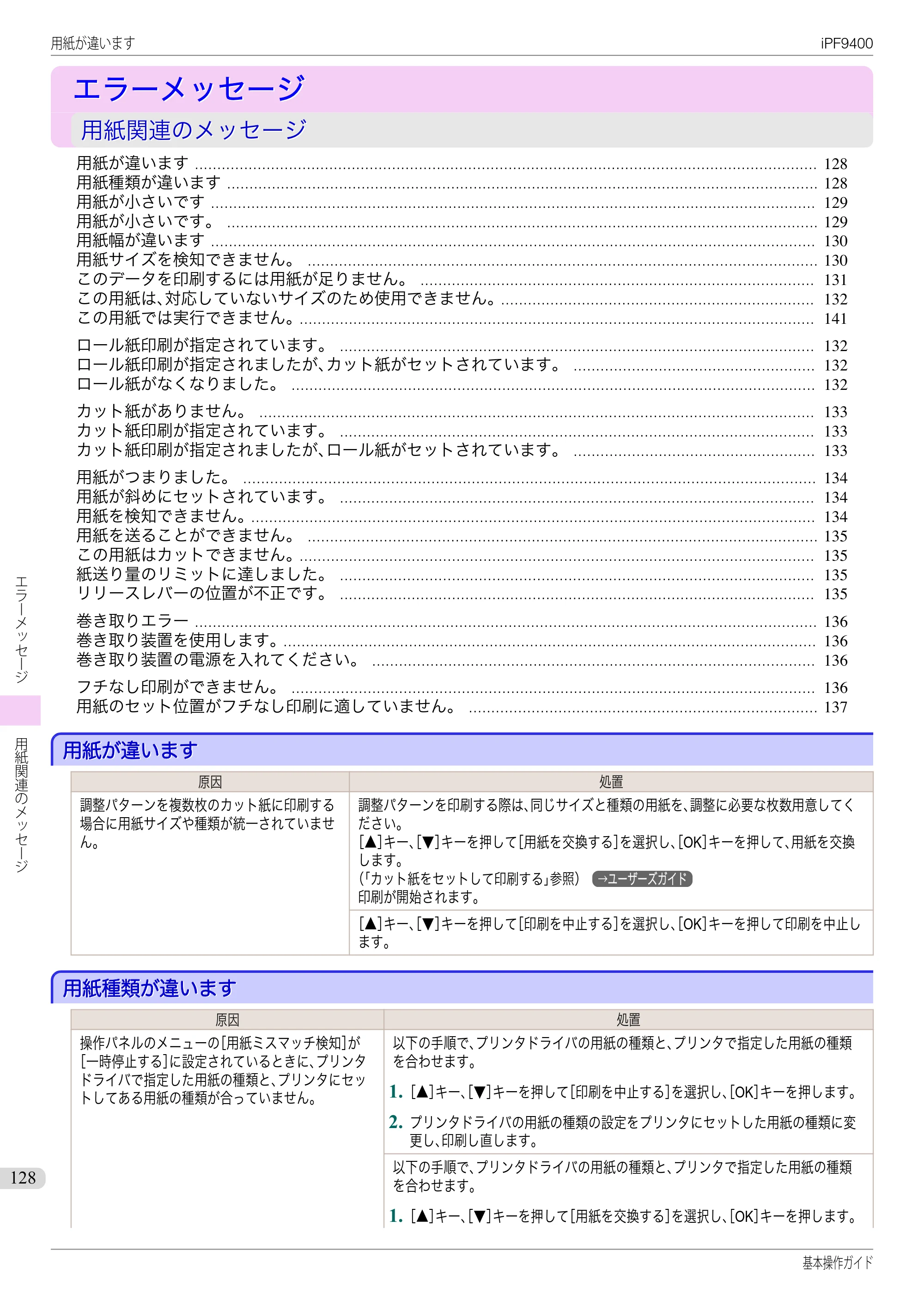 キヤノン iPF9400 基本操作ガイド（PDF：21.1MB） — エラーメッセージ — 原本ページ — 128ページ