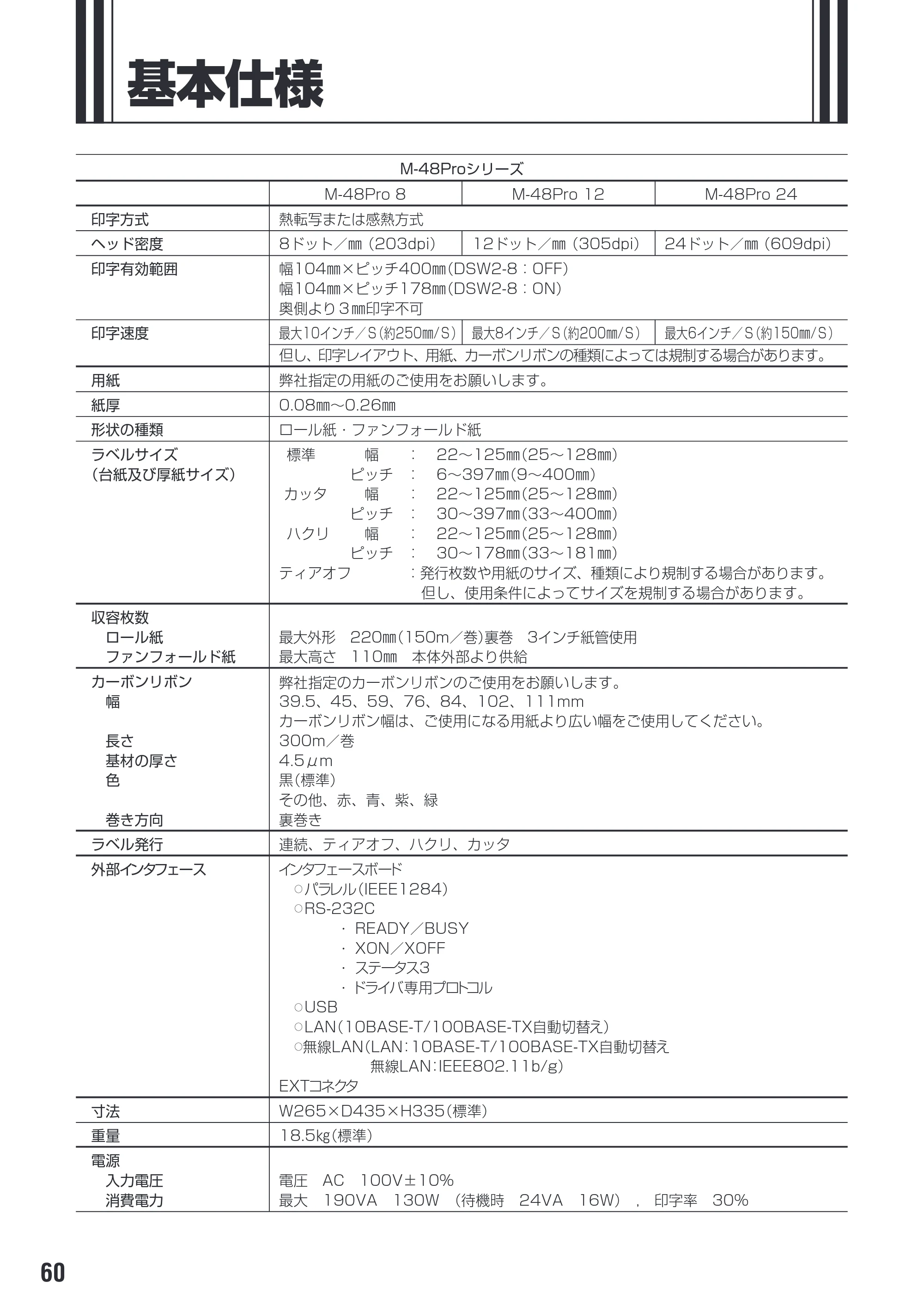 サトー M-48Pro8 / 12 / 24 取扱説明書（第7版） — 基本仕様 — 原本ページ — 64ページ