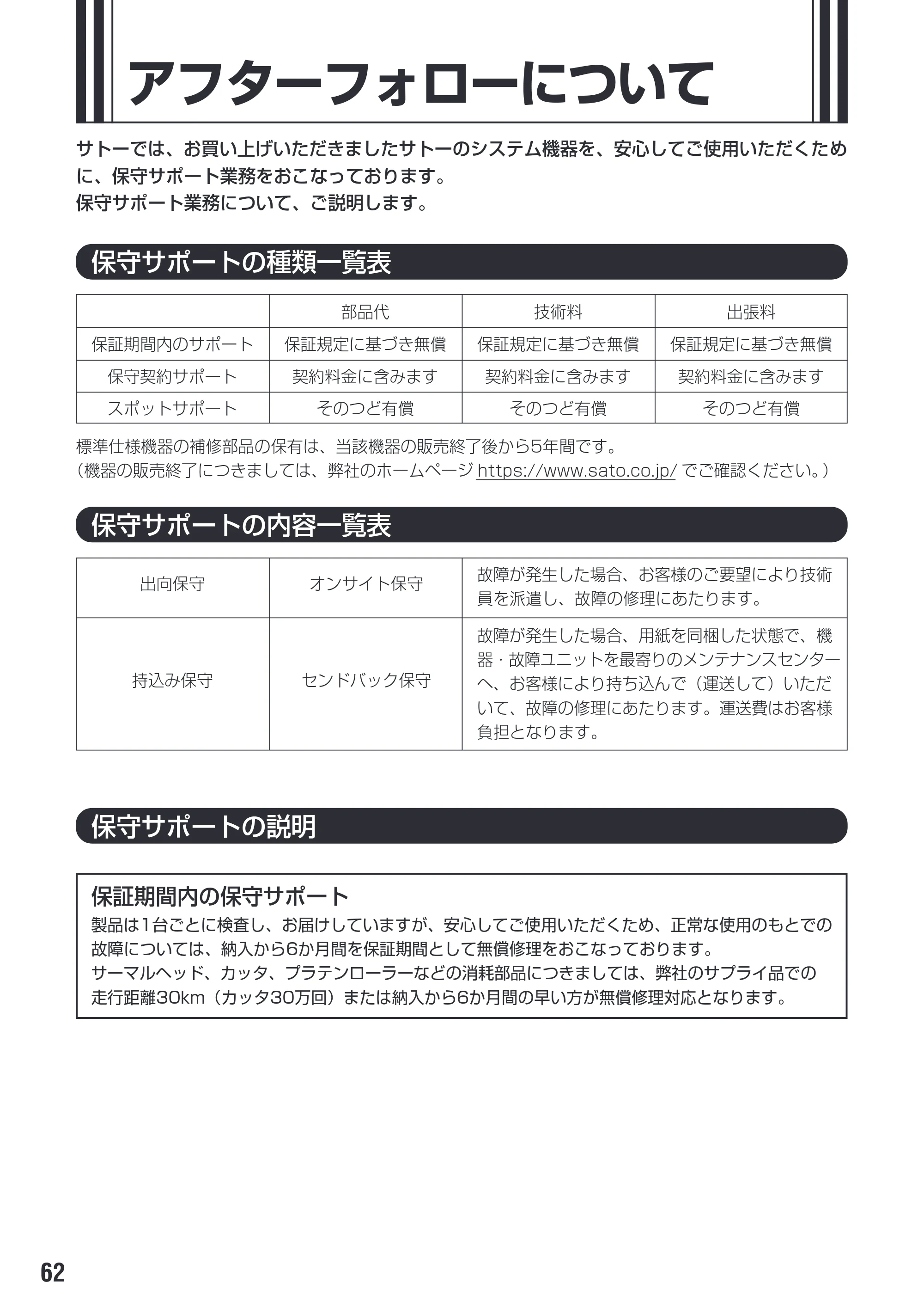 サトー M-48Pro8 / 12 / 24 取扱説明書（第7版） — アフターフォローについて — 原本ページ — 66ページ