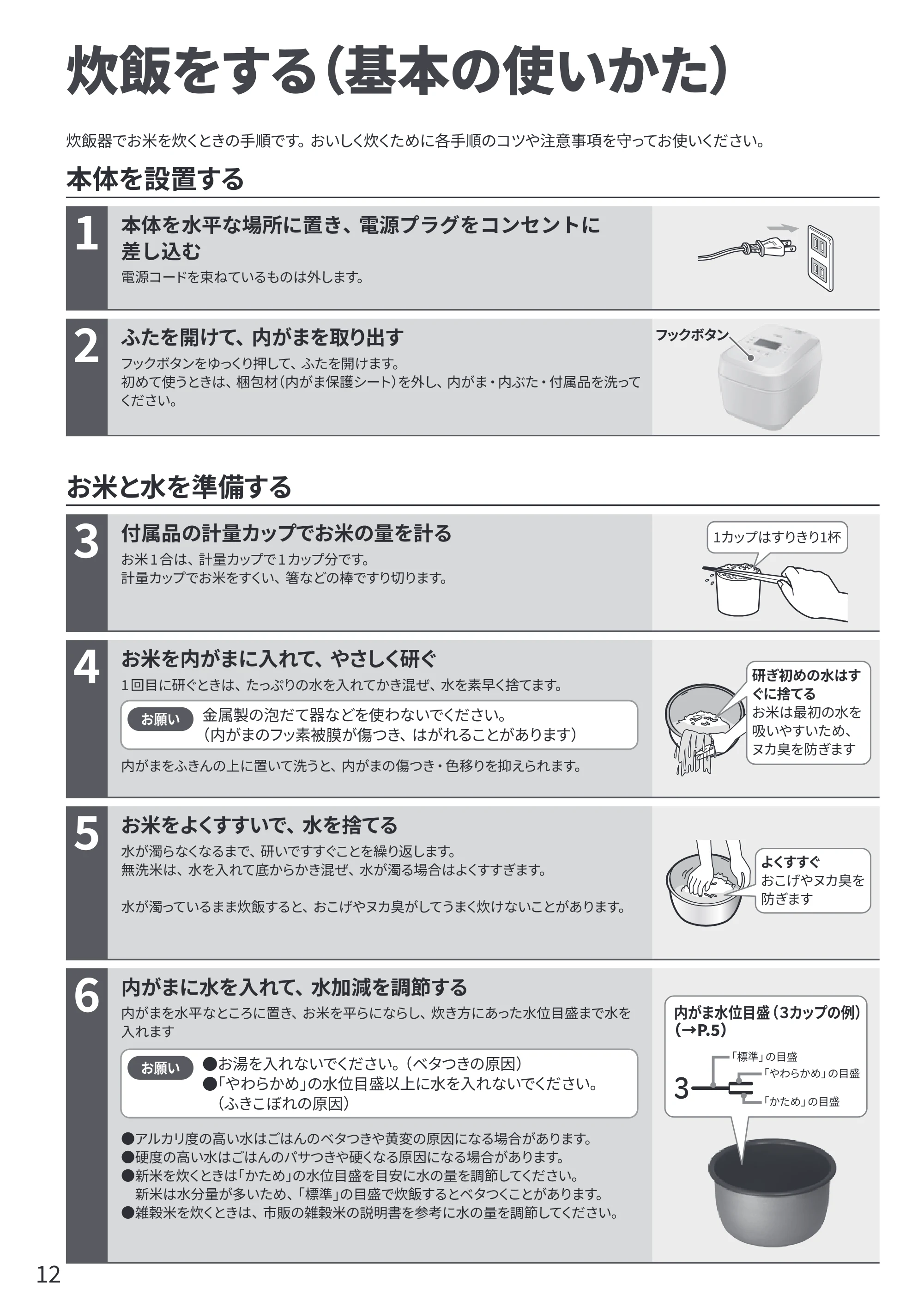 日立 RZ-V100KM 取扱説明書 — 炊飯をする(基本の使いかた) — 原本ページ — 12ページ