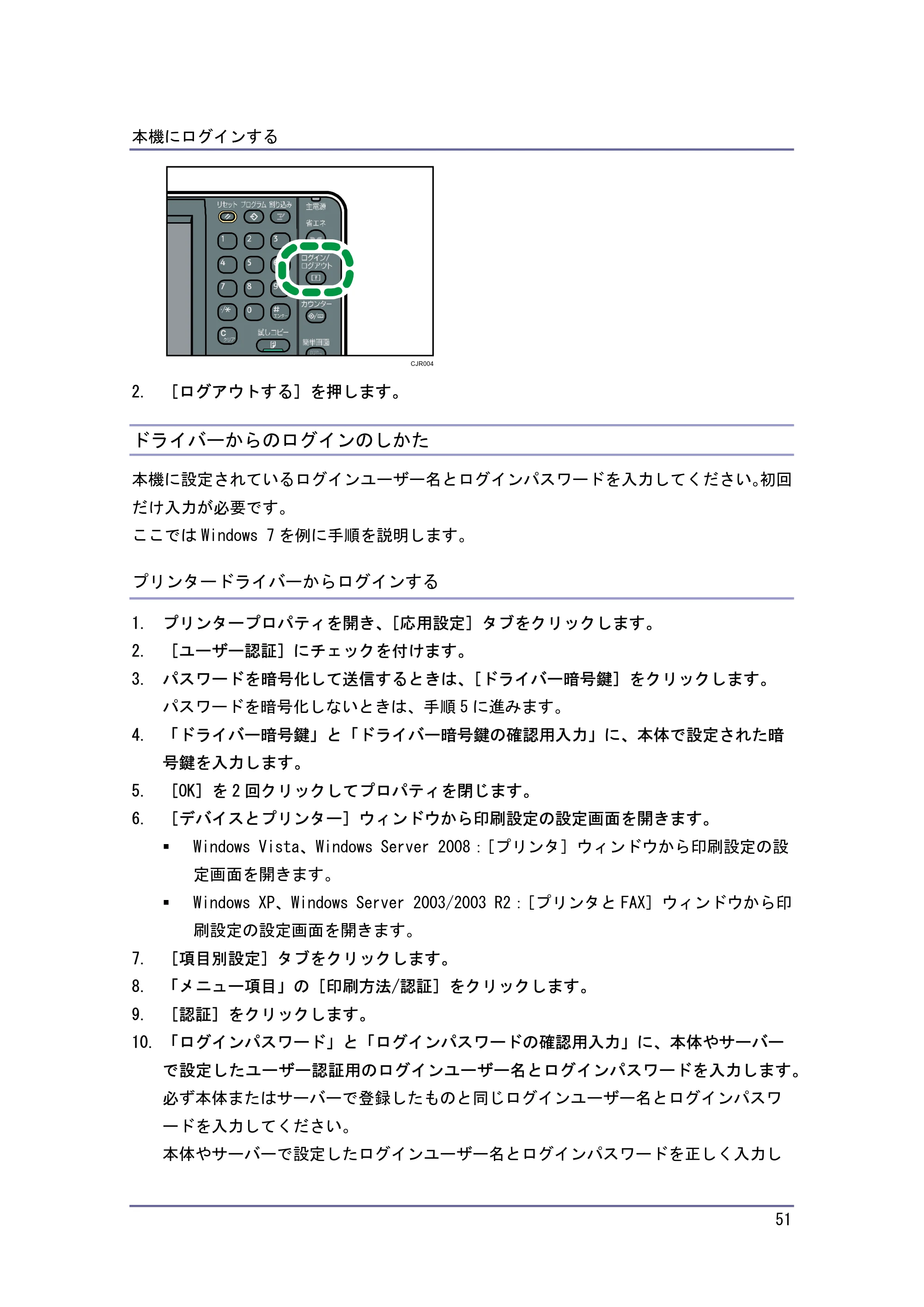 キヤノン iR W940/W940N 本機のご利用にあたって （PDF形式／7.99Mバイト） — ドライバーからのログインのしかた — 原本ページ — 51ページ