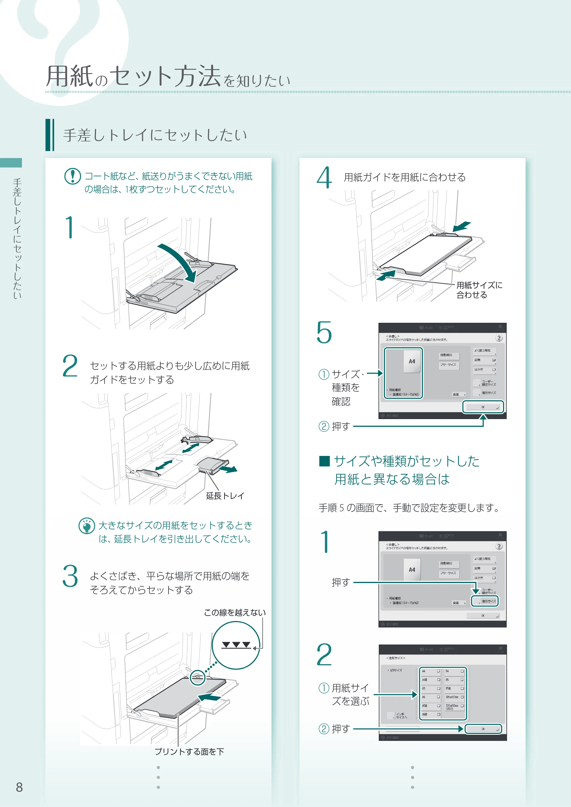 キヤノン A3機用) お困りごと解決ガイド 2021年8月31日更新（PDF：15.6MB） — 手差しトレイにセットしたい — 原本ページ — 8ページ