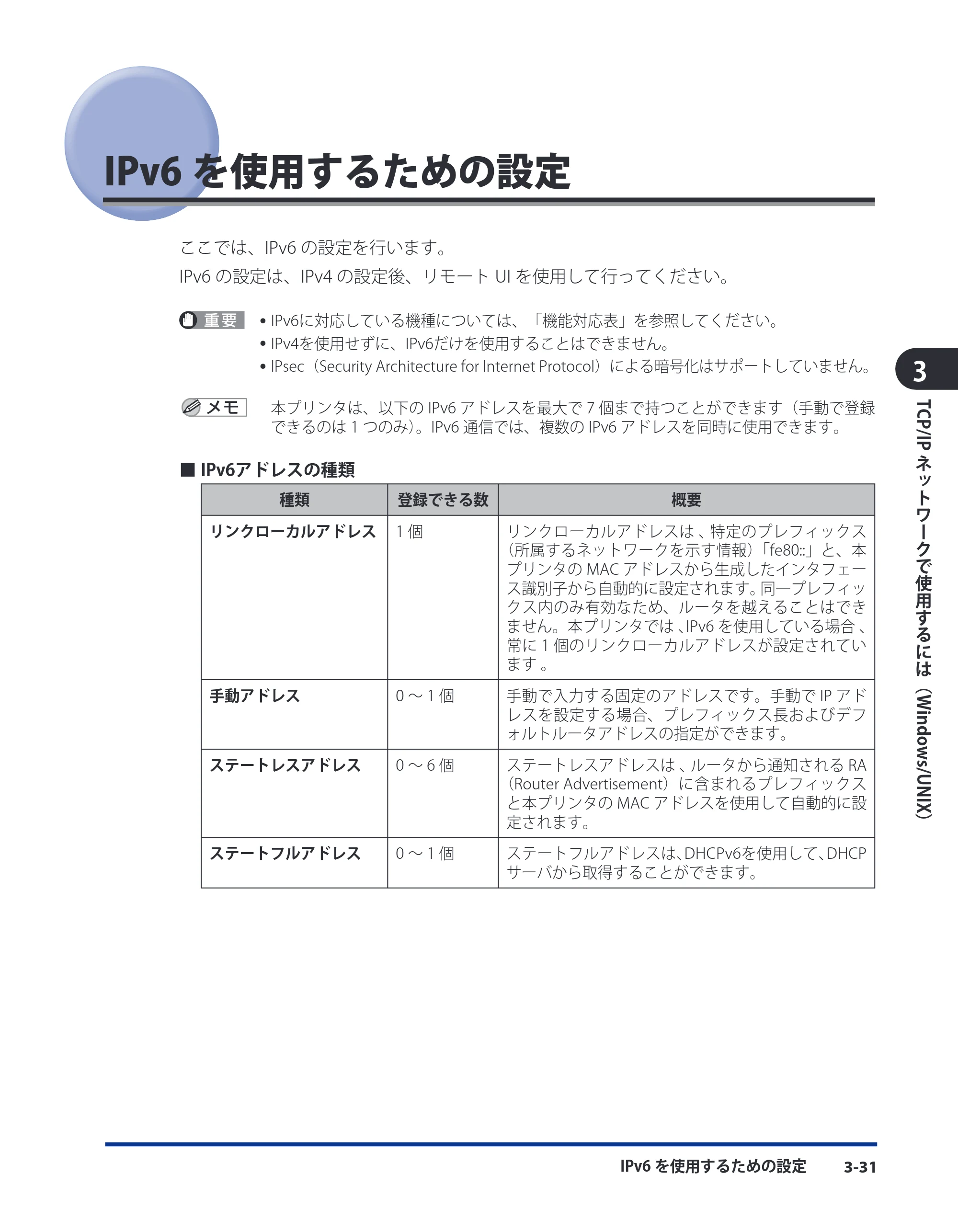キヤノン LBP8630/8620/8610 ネットワークガイド／本編 2010年1月27日掲載 （PDF形式／6.26Mバイト） — IPv6を使用するための設定 — 原本ページ — 59ページ