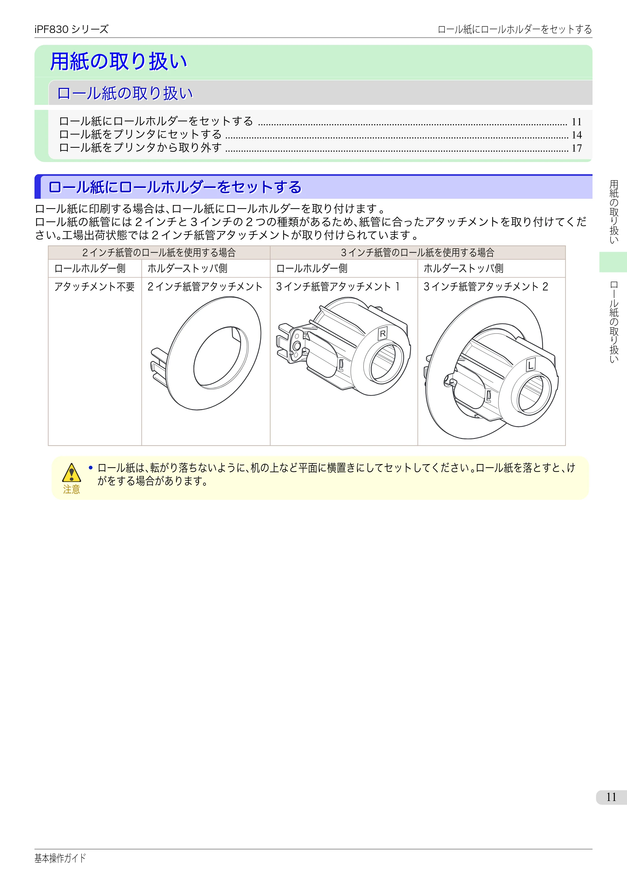 キヤノン iPF830/840/850 iPF830 基本操作ガイド（PDF：6.97MB） — 用紙の取り扱い — 原本ページ — 11ページ