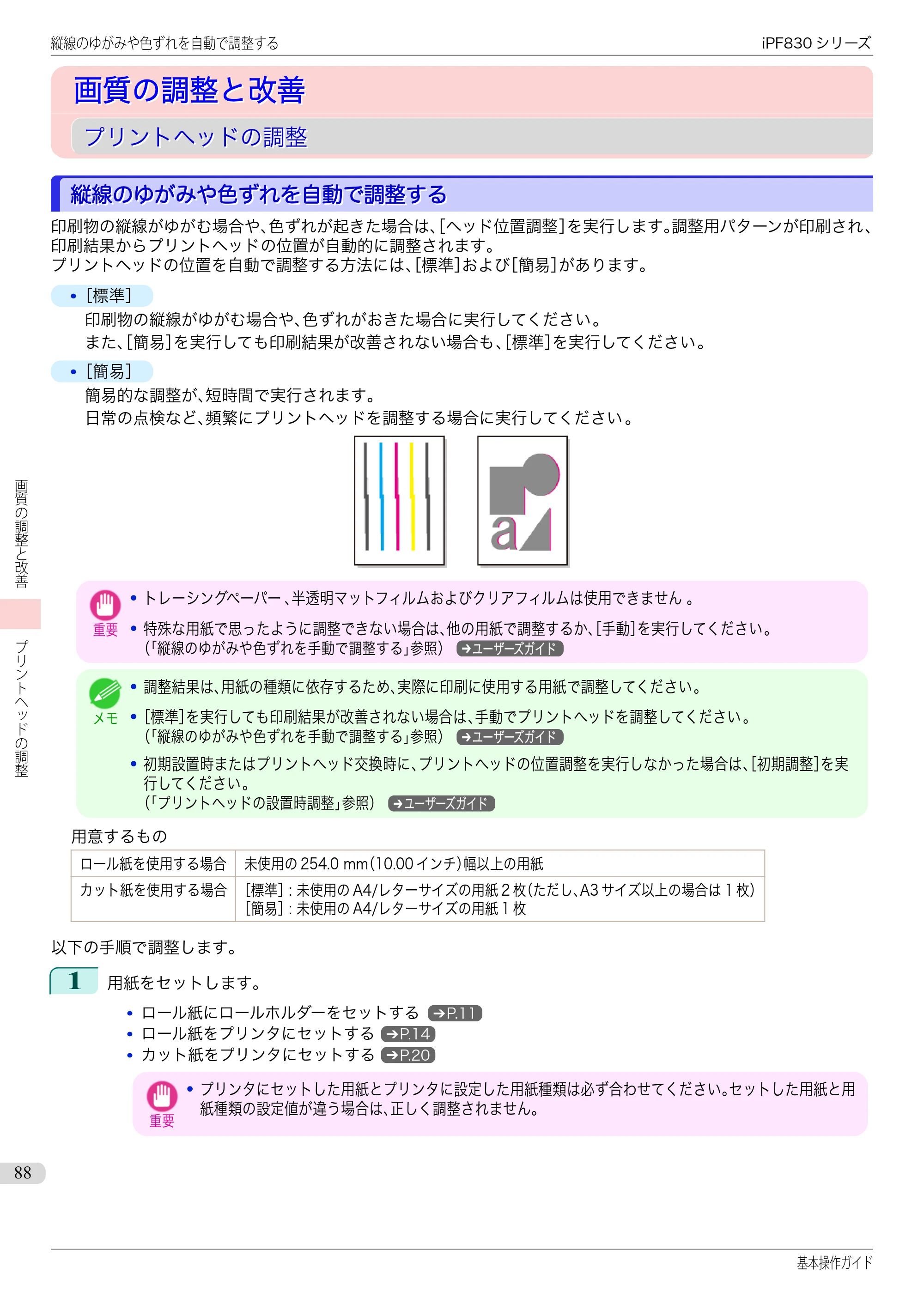 キヤノン iPF830/840/850 iPF830 基本操作ガイド（PDF：6.97MB） — 画質の調整と改善 — 原本ページ — 88ページ