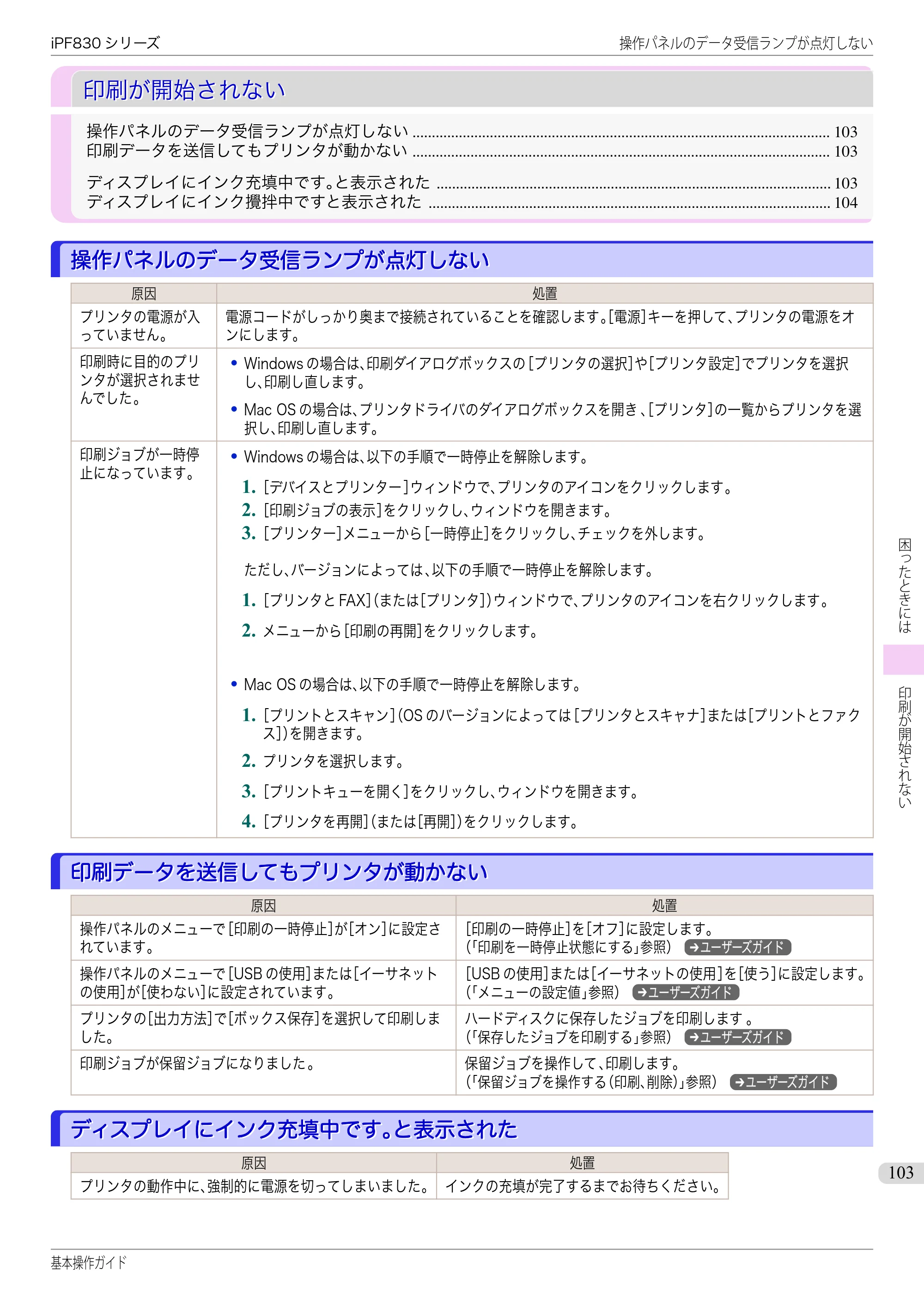 キヤノン iPF830/840/850 iPF830 基本操作ガイド（PDF：6.97MB） — 印刷が開始されない — 原本ページ — 103ページ
