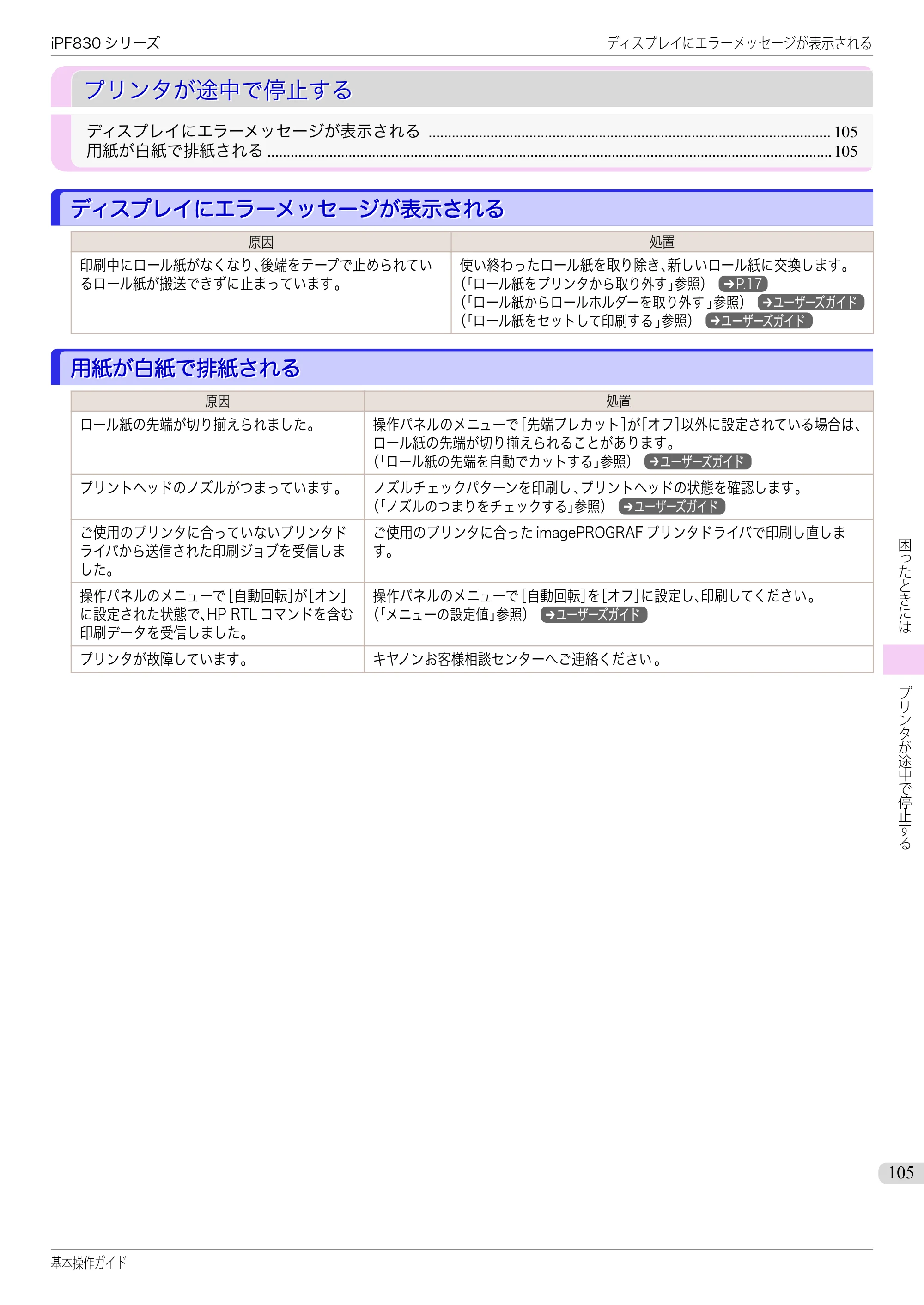 キヤノン iPF830/840/850 iPF830 基本操作ガイド（PDF：6.97MB） — プリンタが途中で停止する — 原本ページ — 105ページ