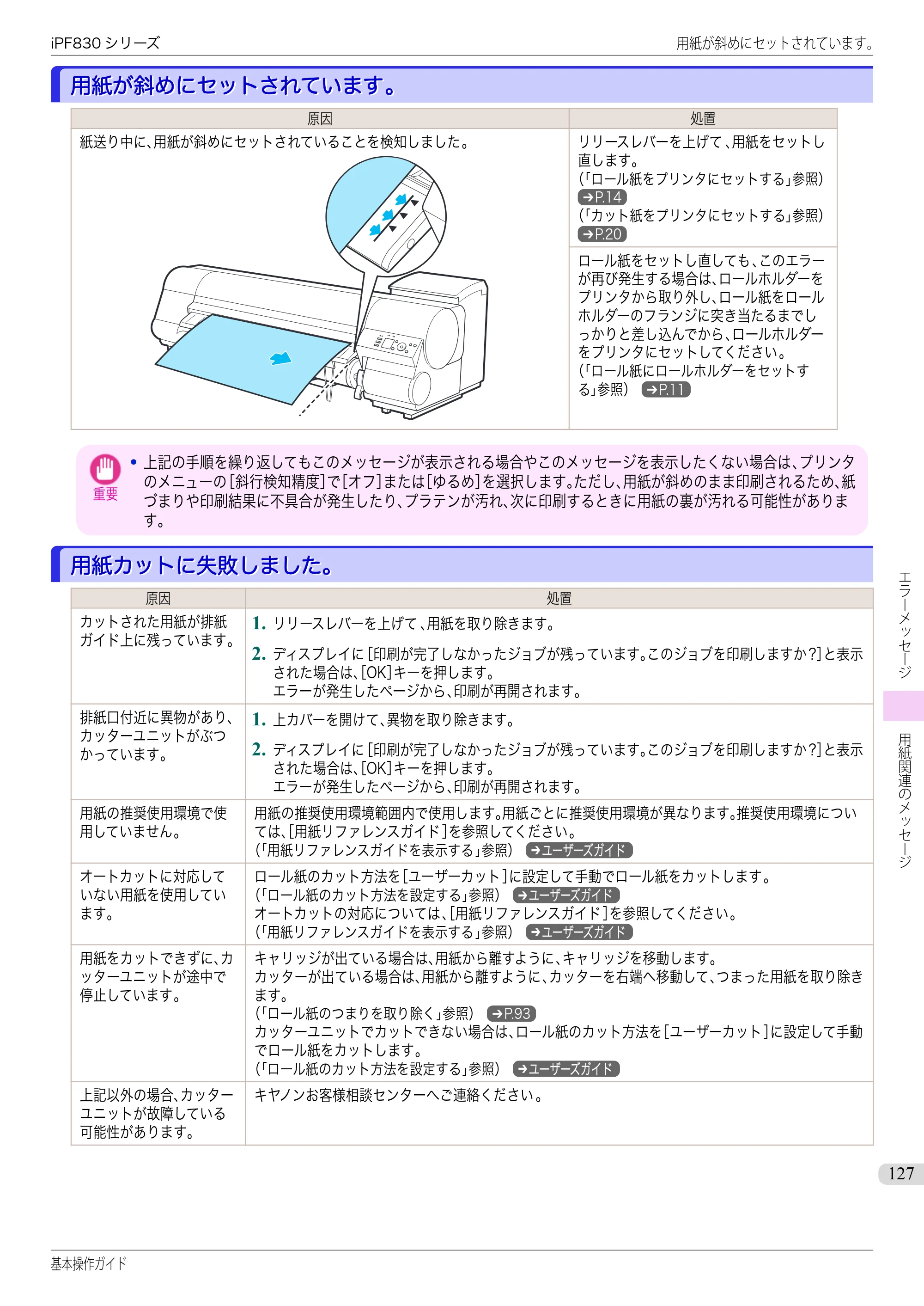 キヤノン iPF830/840/850 iPF830 基本操作ガイド（PDF：6.97MB） — 用紙が斜めにセットされています。 — 原本ページ — 127ページ