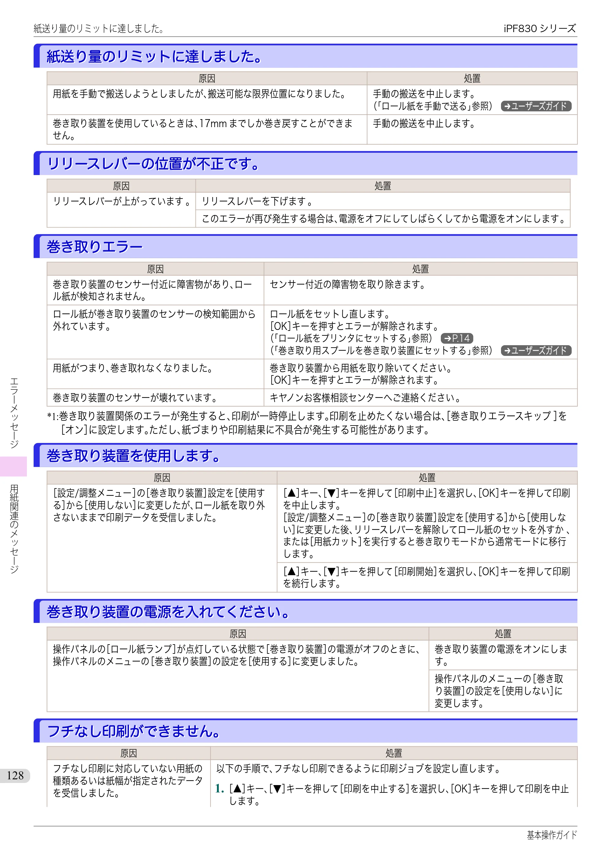 キヤノン iPF830/840/850 iPF830 基本操作ガイド（PDF：6.97MB） — 紙送り量のリミットに達しました。 — 原本ページ — 128ページ