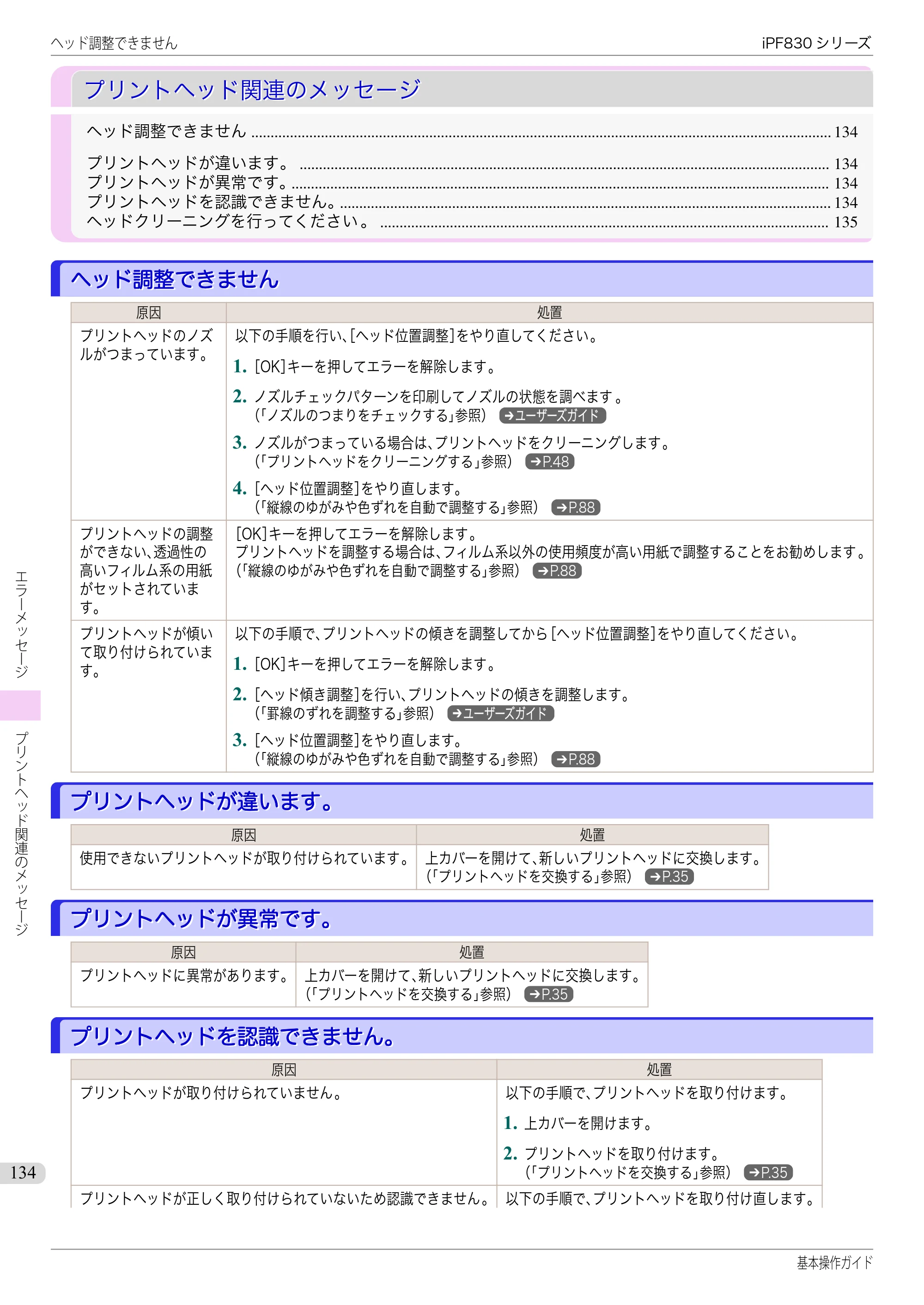 キヤノン iPF830/840/850 iPF830 基本操作ガイド（PDF：6.97MB） — プリントヘッド関連のメッセージ — 原本ページ — 134ページ