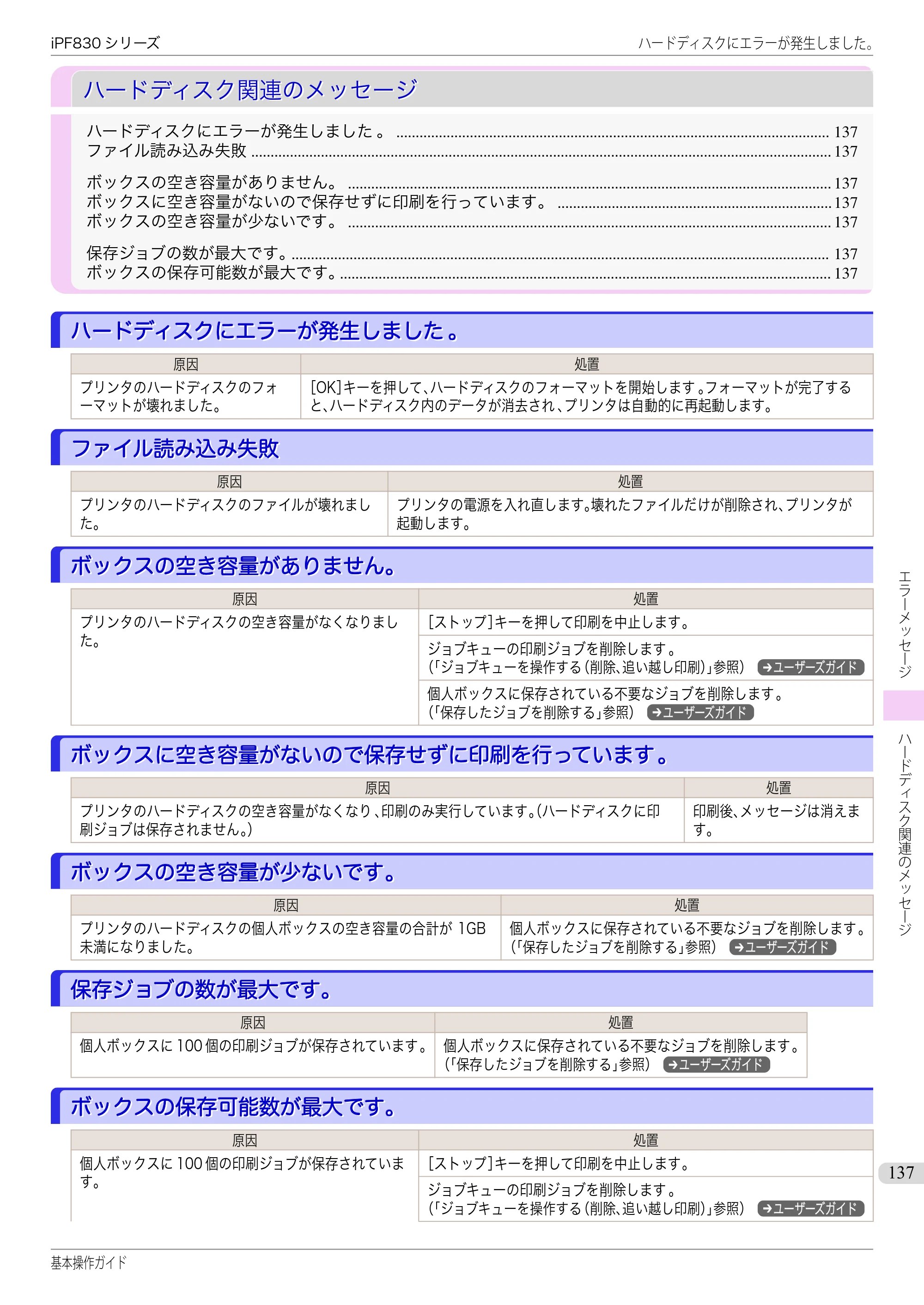 キヤノン iPF830/840/850 iPF830 基本操作ガイド（PDF：6.97MB） — ハードディスク関連のメッセージ — 原本ページ — 137ページ