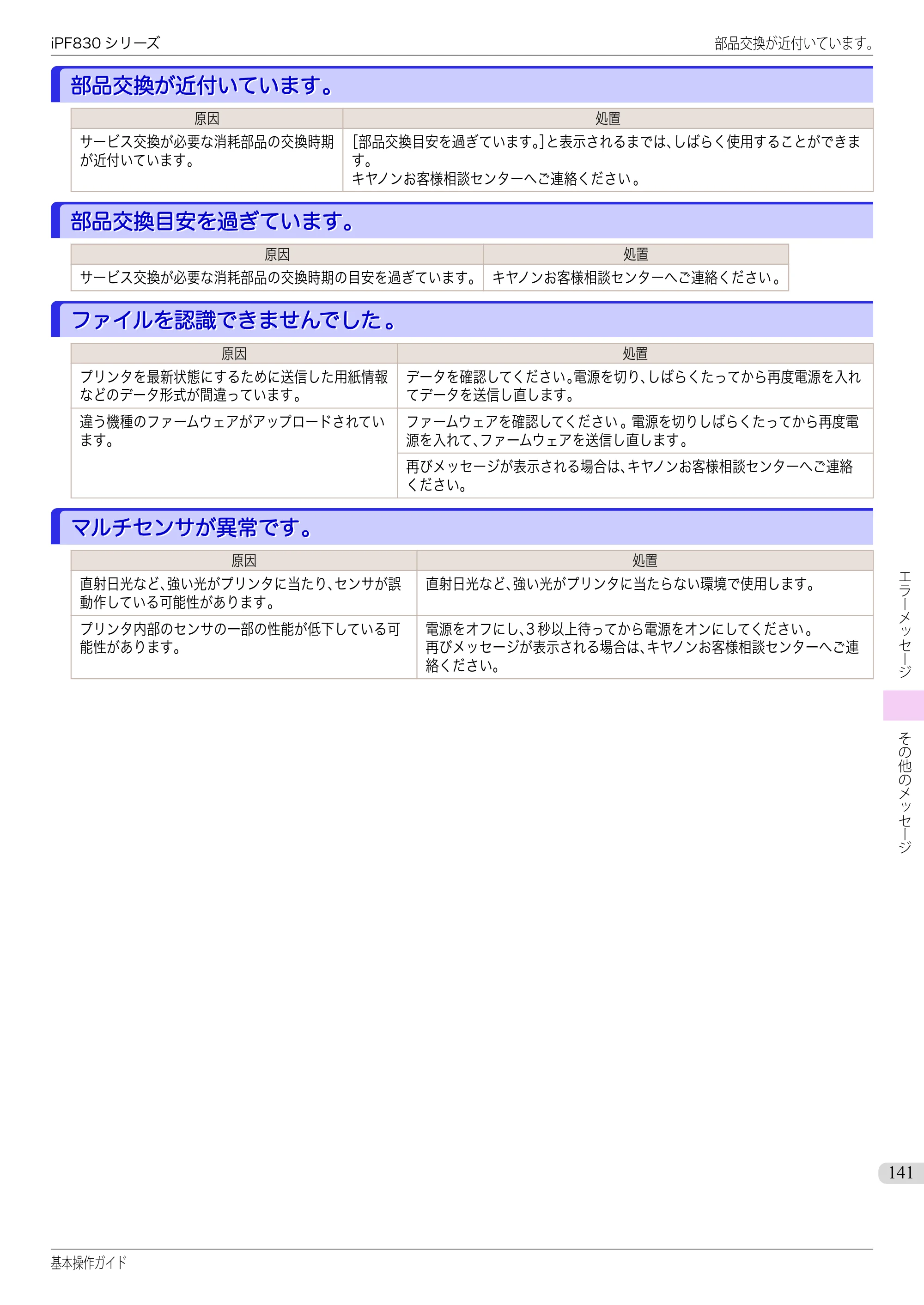 キヤノン iPF830/840/850 iPF830 基本操作ガイド（PDF：6.97MB） — 部品交換が近付いています。 — 原本ページ — 141ページ