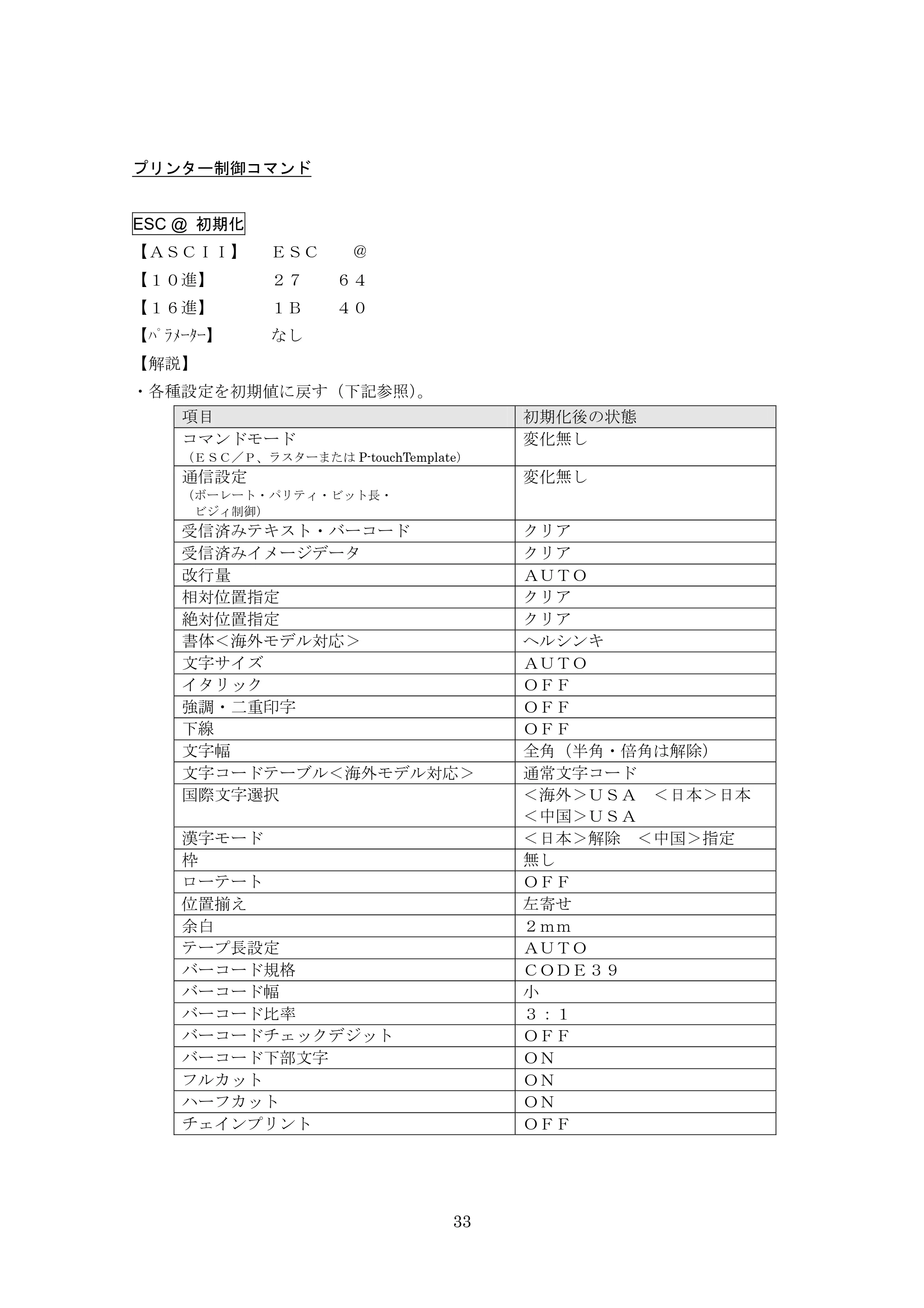 ブラザー PT-9700PC / PT-9800PCN ESC/Pコマンドリファレンス — プリンター制御コマンド — 原本ページ — 33ページ