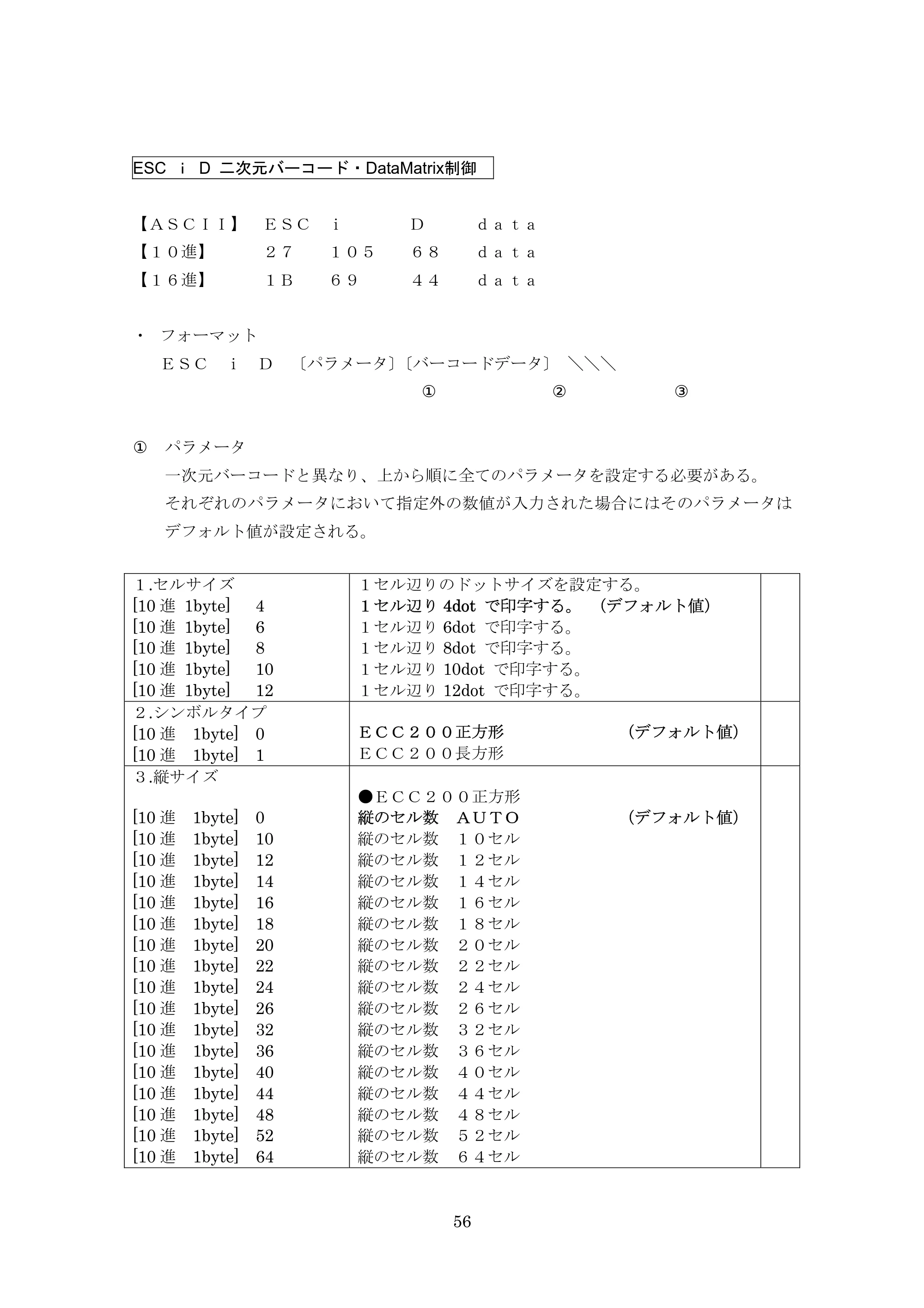 ブラザー PT-9700PC / PT-9800PCN ESC/Pコマンドリファレンス — ESC ｉ D 二次元バーコード・DataMatrix制御 — 原本ページ — 56ページ