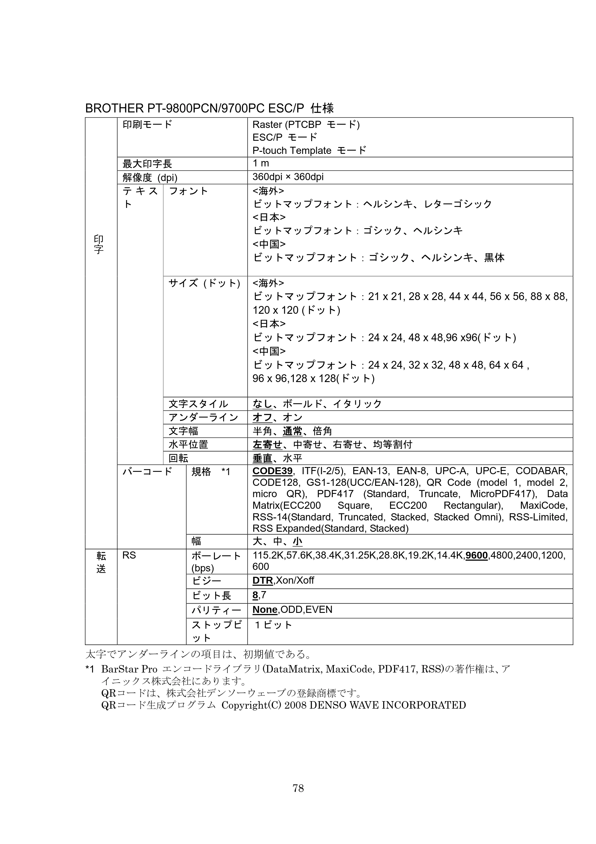 ブラザー PT-9700PC / PT-9800PCN ESC/Pコマンドリファレンス — BROTHER PT-9800PCN/9700PC ESC/P 仕様 — 原本ページ — 78ページ