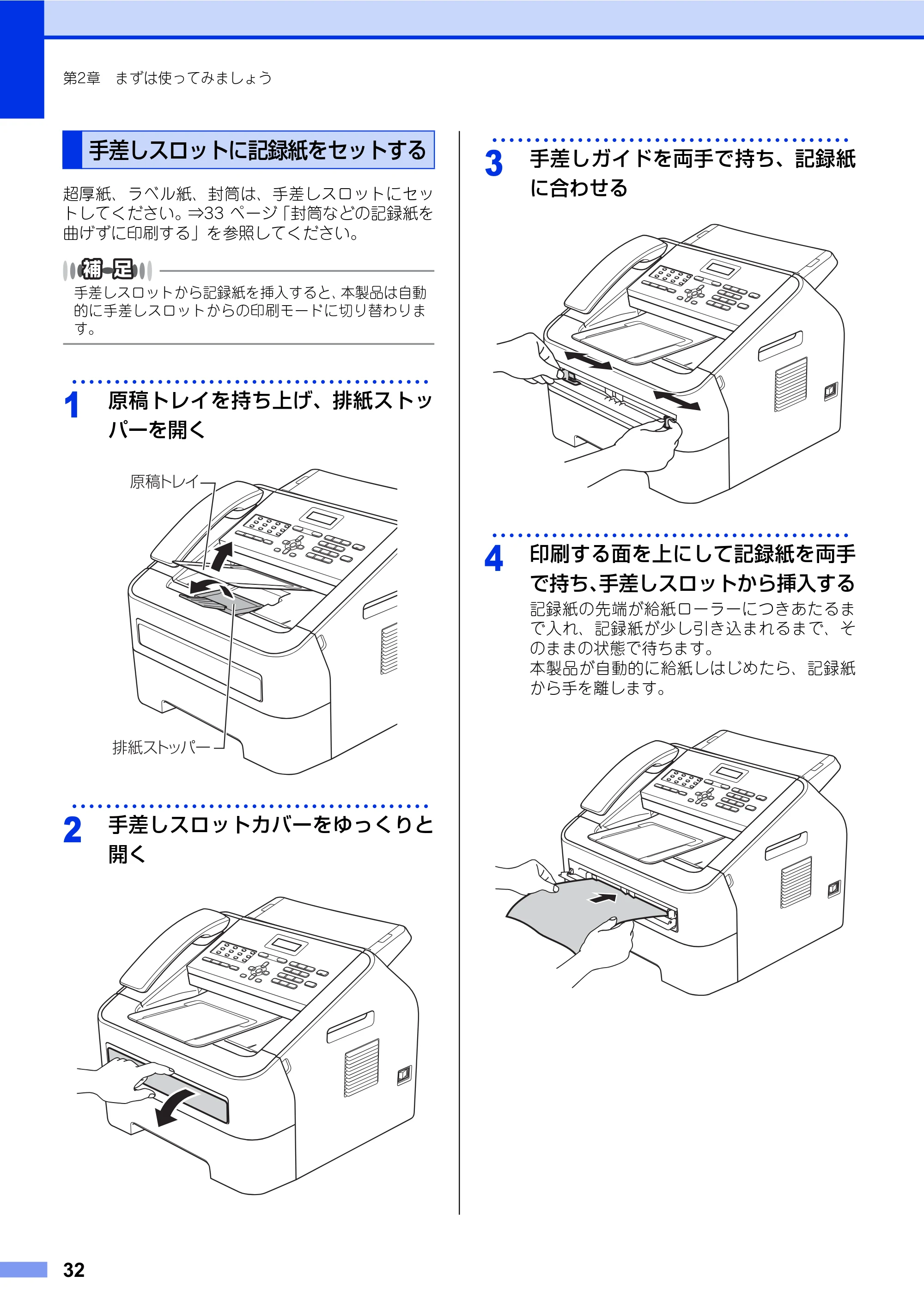 ブラザー FAX-2840 ユーザーズガイド ~基本編~ — 手差しスロットに記録紙をセットする — 原本ページ — 32ページ
