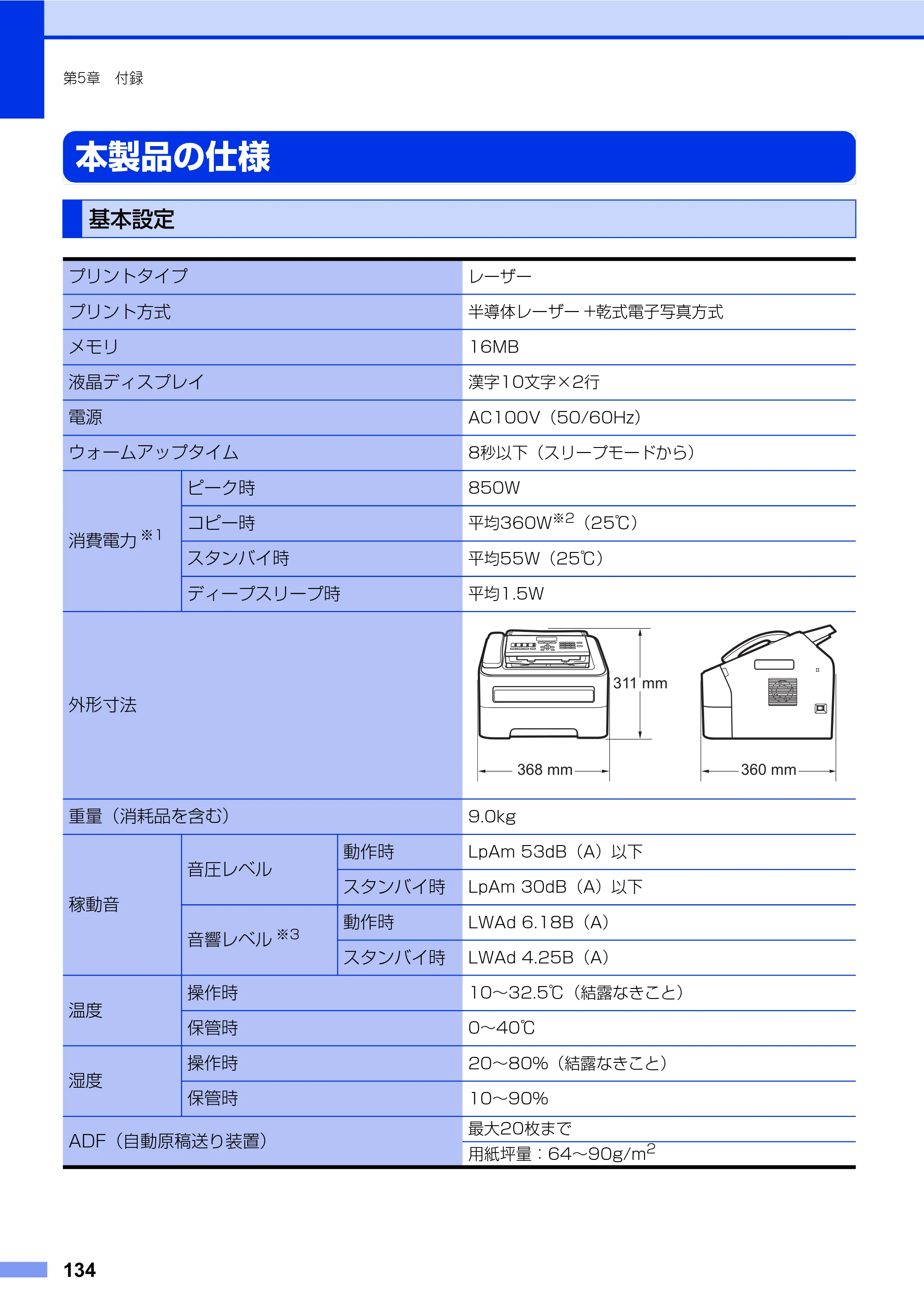 ブラザー FAX-2840 ユーザーズガイド ~基本編~ — 本製品の仕様 — 原本ページ — 134ページ