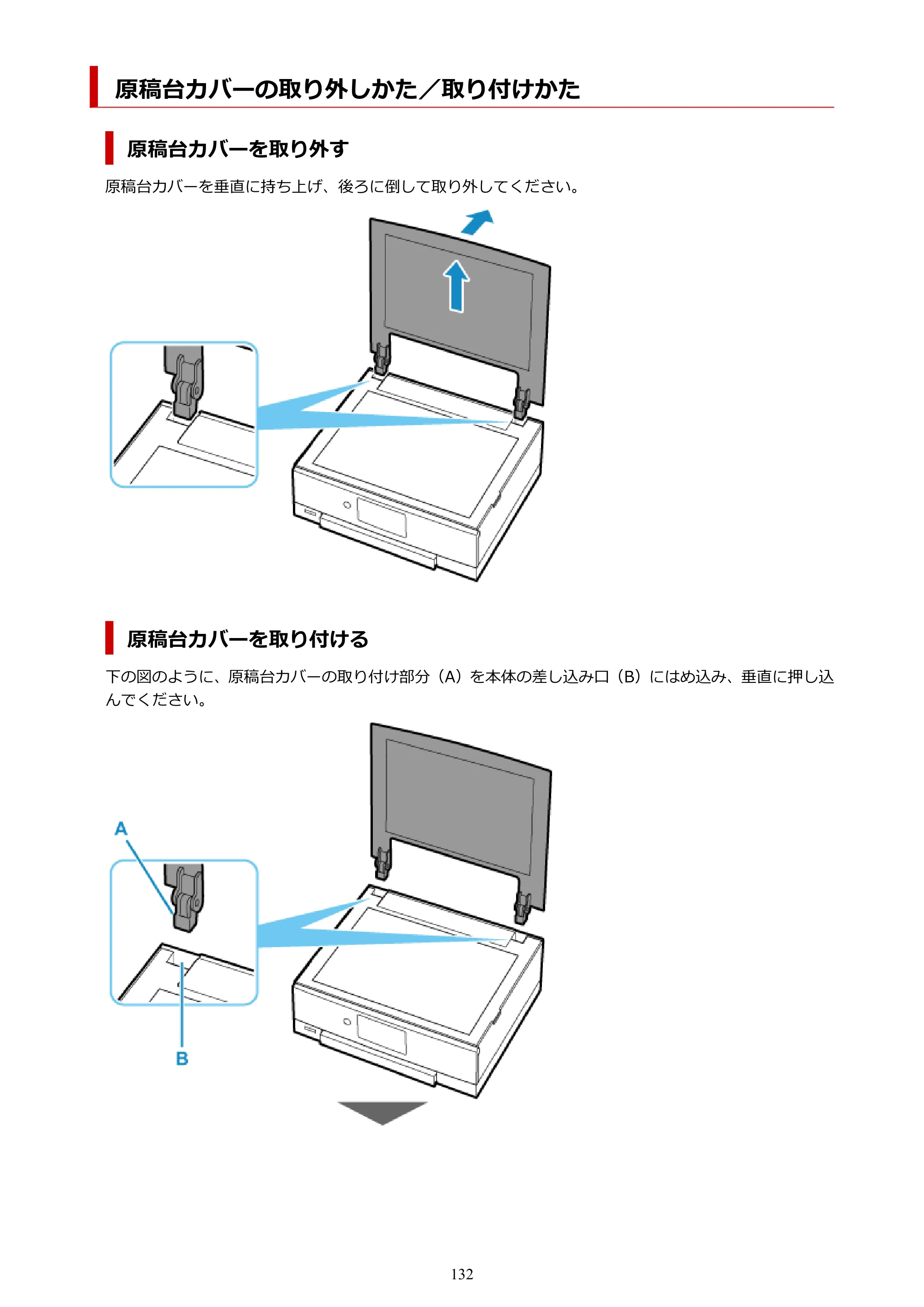 キヤノン PIXUS TS8230 オンラインマニュアル PDF版（Windows版） — 原稿台カバーの取り外しかた／取り付けかた — 原本ページ — 132ページ