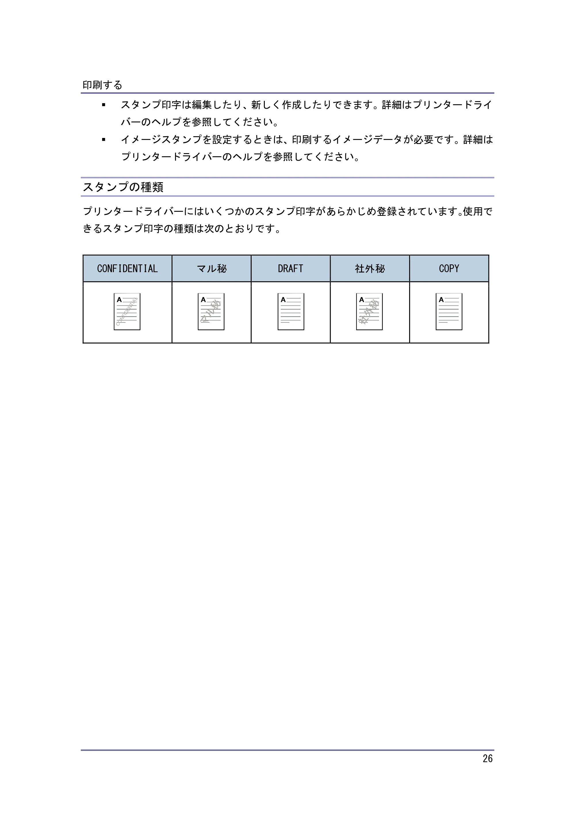 京セラ TASKalfa 4010w / TASKalfa 4011w / TASKalfa 4012w TASKalfa 4010w/4011w/4012w 使用説明書 (プリンター) — スタンプの種類 — 原本ページ — 26ページ