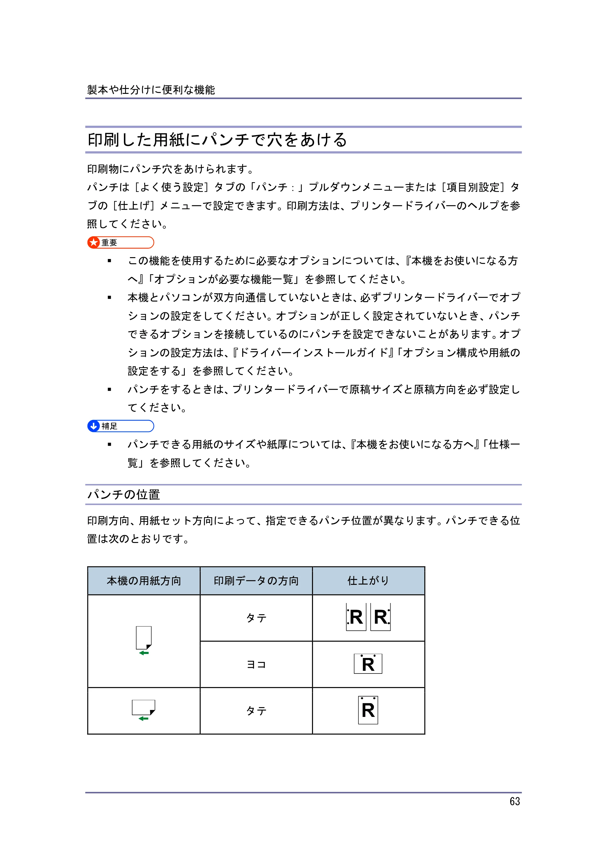 京セラ TASKalfa 4010w / TASKalfa 4011w / TASKalfa 4012w TASKalfa 4010w/4011w/4012w 使用説明書 (プリンター) — 印刷した用紙にパンチで穴をあける — 原本ページ — 63ページ