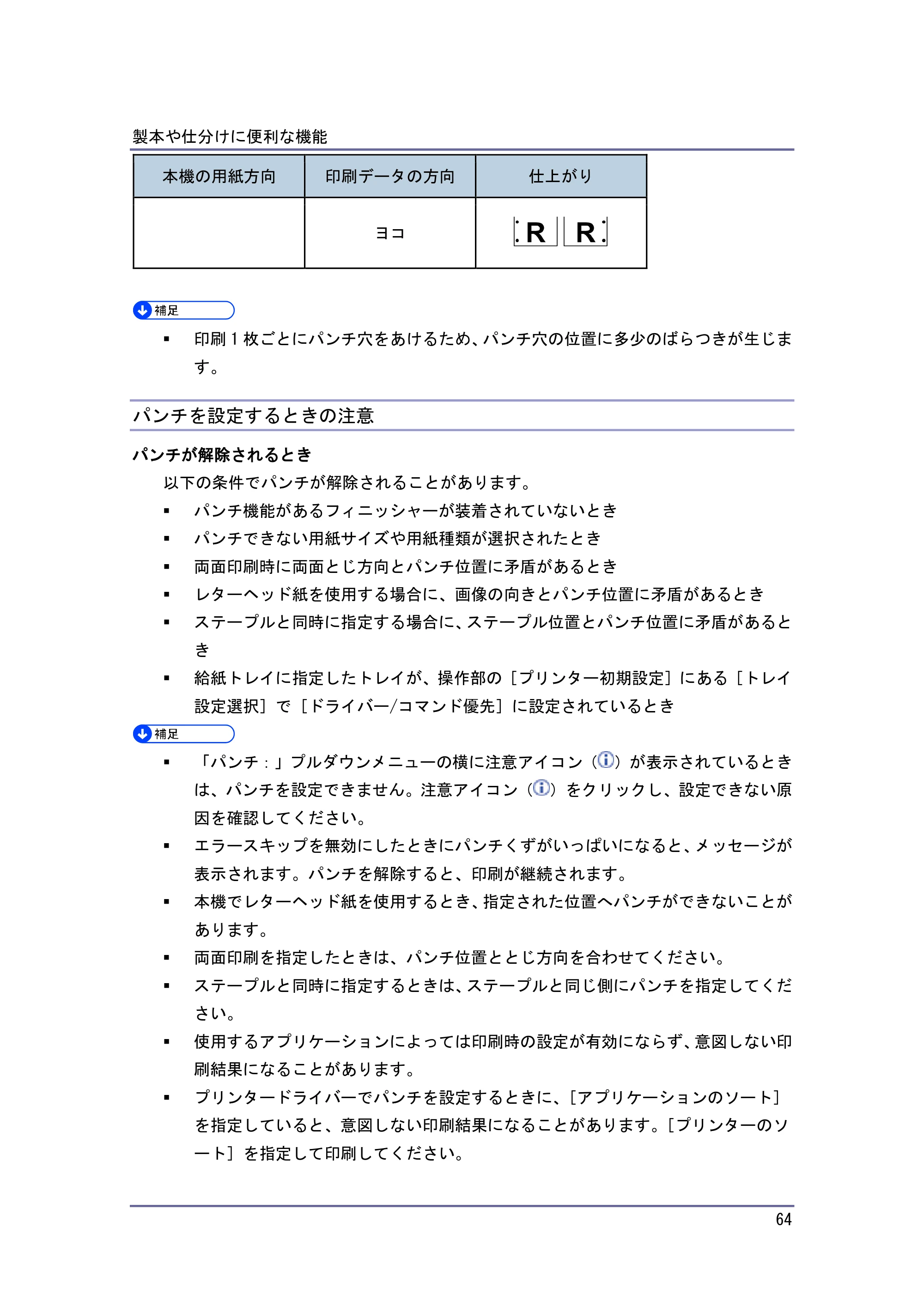 京セラ TASKalfa 4010w / TASKalfa 4011w / TASKalfa 4012w TASKalfa 4010w/4011w/4012w 使用説明書 (プリンター) — パンチを設定するときの注意 — 原本ページ — 64ページ