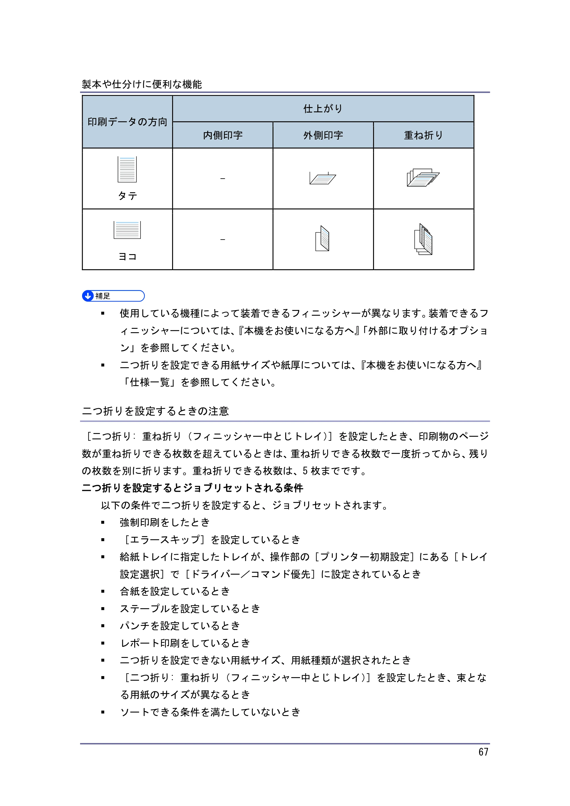 京セラ TASKalfa 4010w / TASKalfa 4011w / TASKalfa 4012w TASKalfa 4010w/4011w/4012w 使用説明書 (プリンター) — 二つ折りを設定するときの注意 — 原本ページ — 67ページ