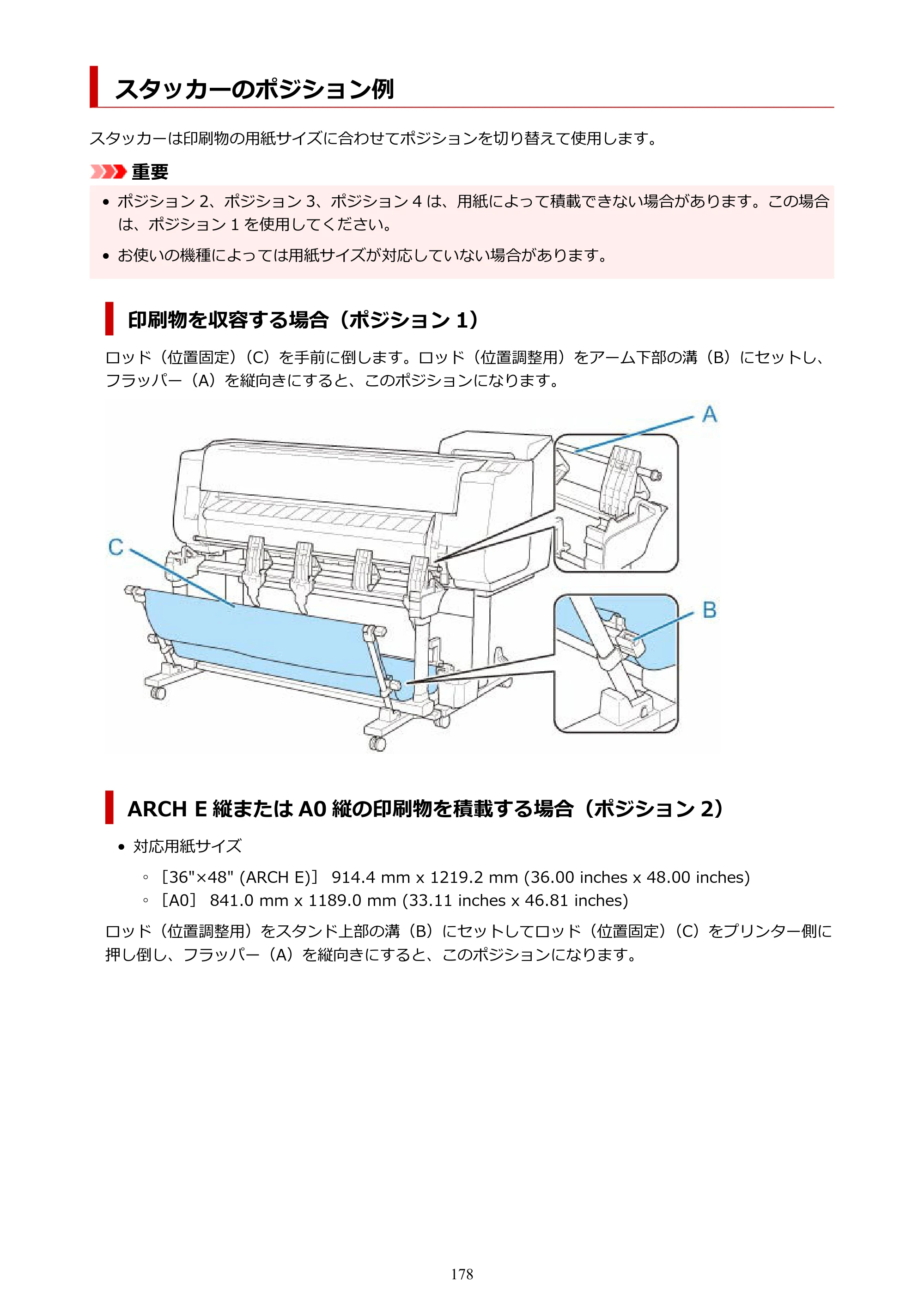 キヤノン TX-2100/TX-3100/TX-4100 TX-4100／TX-3100／TX-2100 オンラインマニュアル PDF版（Mac版）2023年1月26日更新（PDF：11.1MB） — スタッカーのポジション例 — 原本ページ — 178ページ