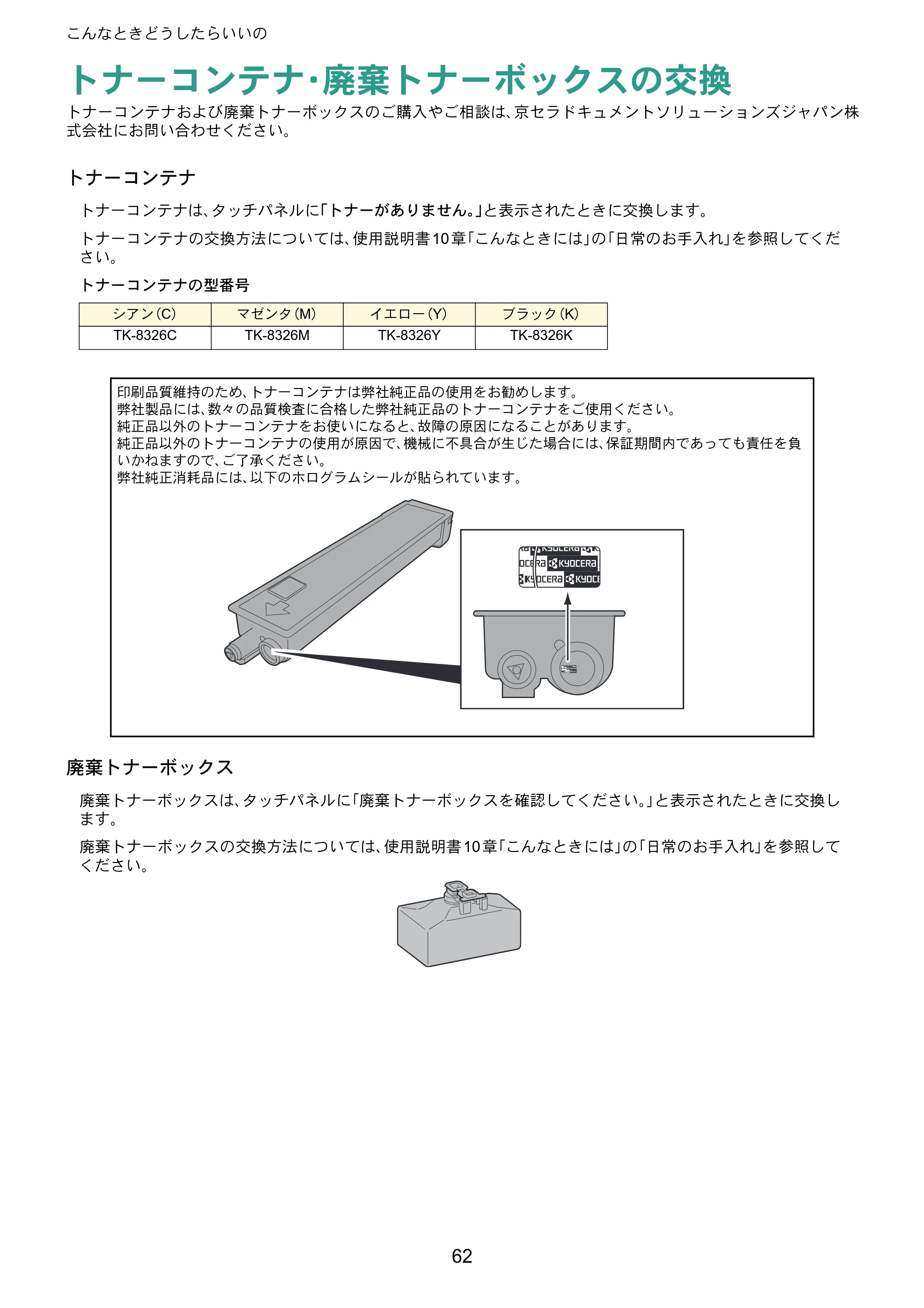京セラ TASKalfa 2551ci TASKalfa 2551ciクイックガイド — トナーコンテナ・廃棄トナーボックスの交換 — 原本ページ — 62ページ