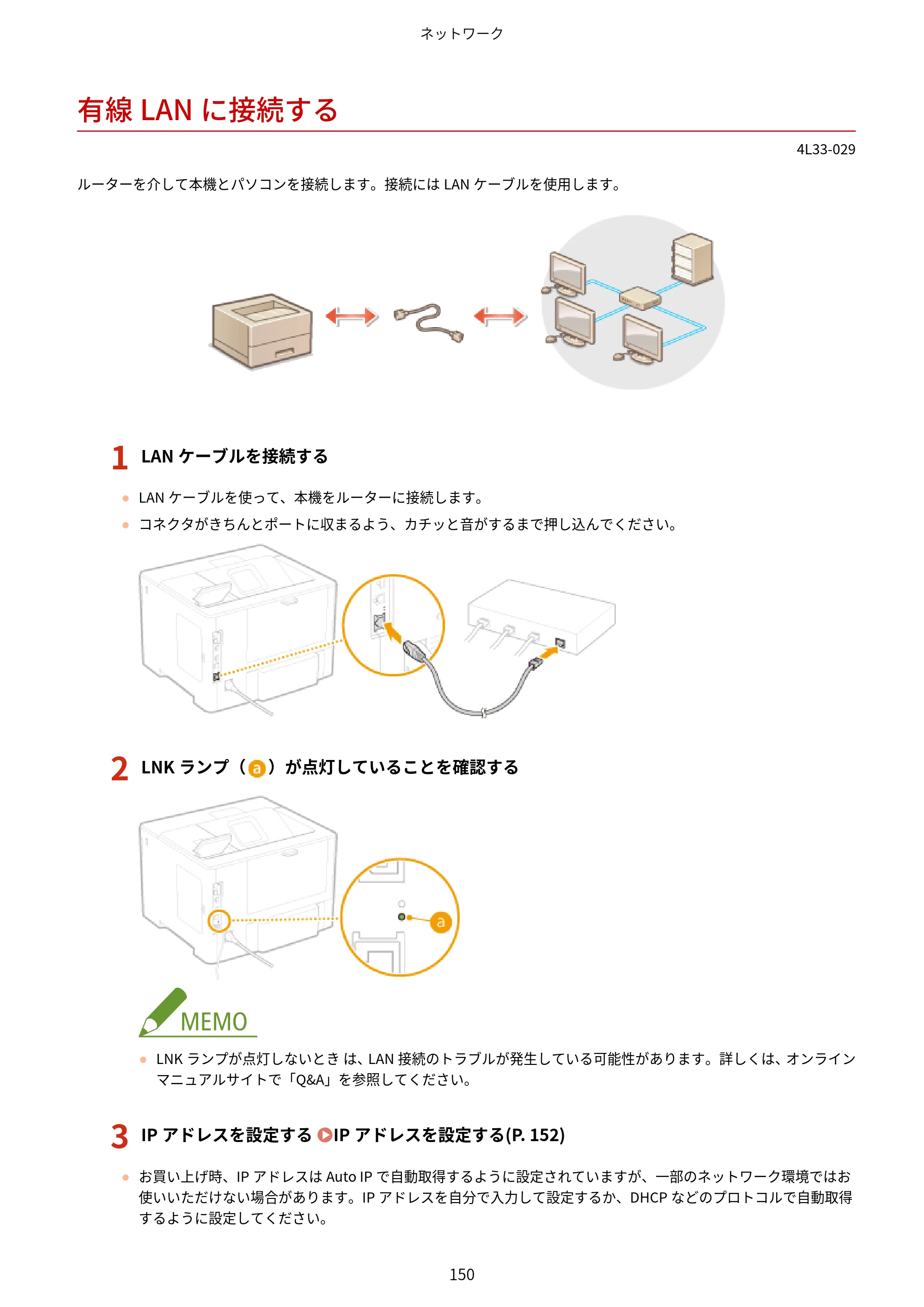 キヤノン LBP322i/LBP321 ユーザーズガイド 2026年6月25日更新（PDF：8.73MB） — 有線LANに接続する — 原本ページ — 156ページ