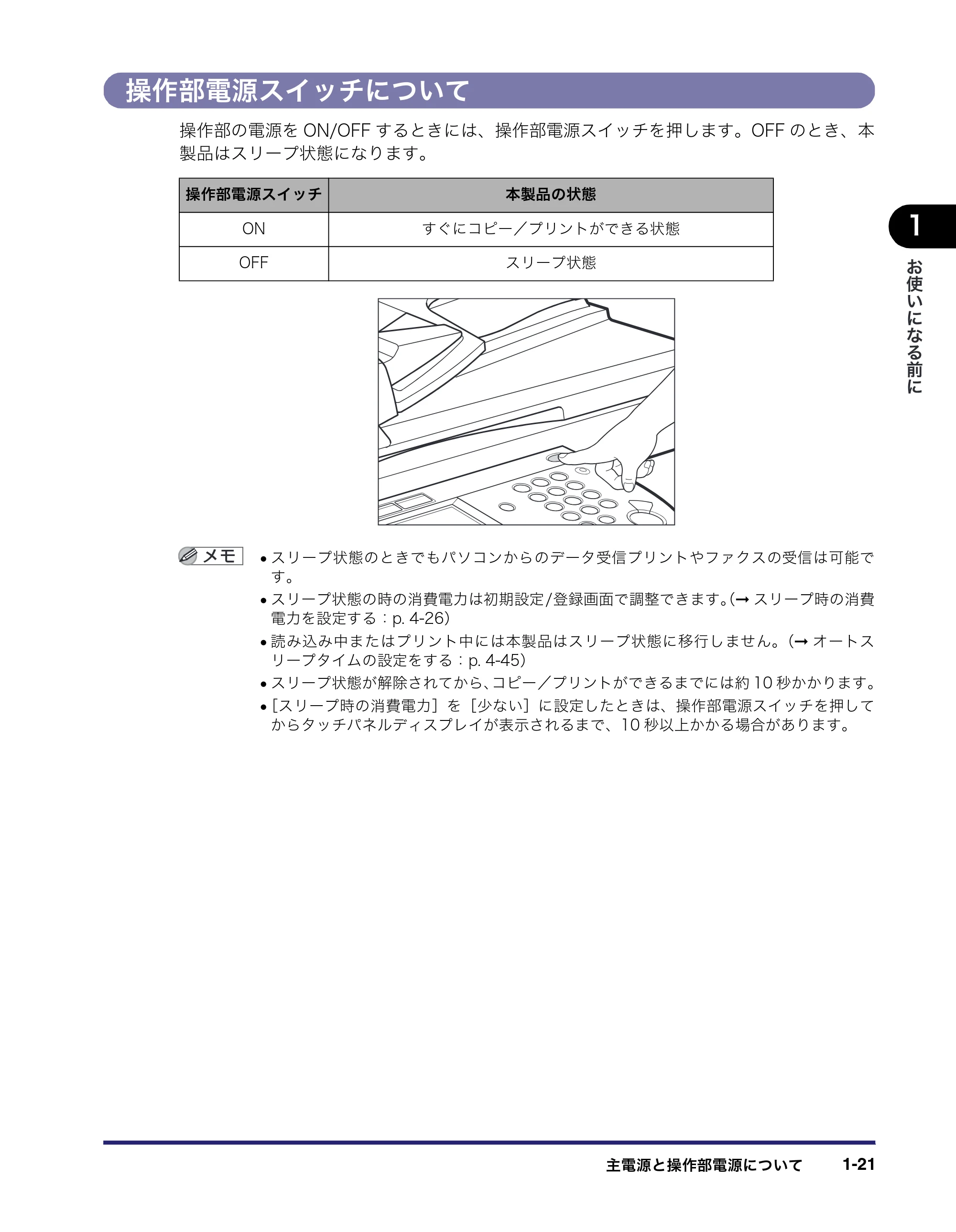キヤノン MF7450N/MF7350N/MF7330 ユーザーズガイド （PDF形式／23.39Mバイト） — 操作部電源スイッチについて — 原本ページ — 47ページ