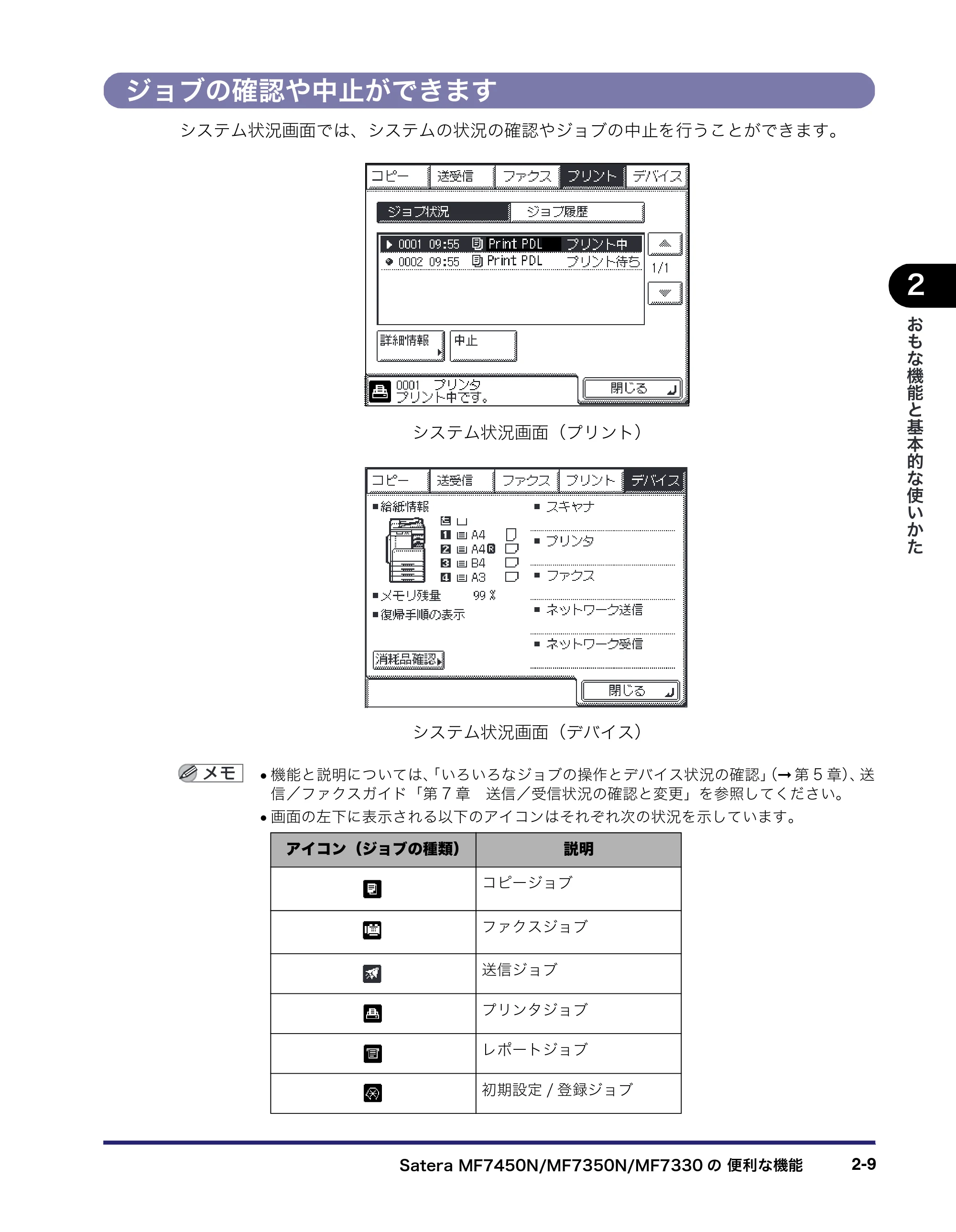 キヤノン MF7450N/MF7350N/MF7330 ユーザーズガイド （PDF形式／23.39Mバイト） — ジョブの確認や中止ができます — 原本ページ — 61ページ