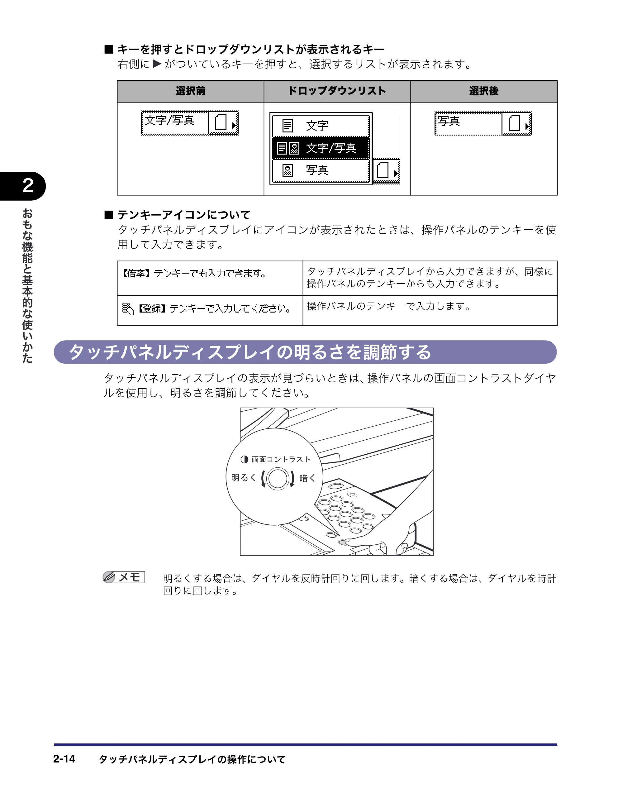 キヤノン MF7450N/MF7350N/MF7330 ユーザーズガイド （PDF形式／23.39Mバイト） — タッチパネルディスプレイの明るさを調節する — 原本ページ — 66ページ
