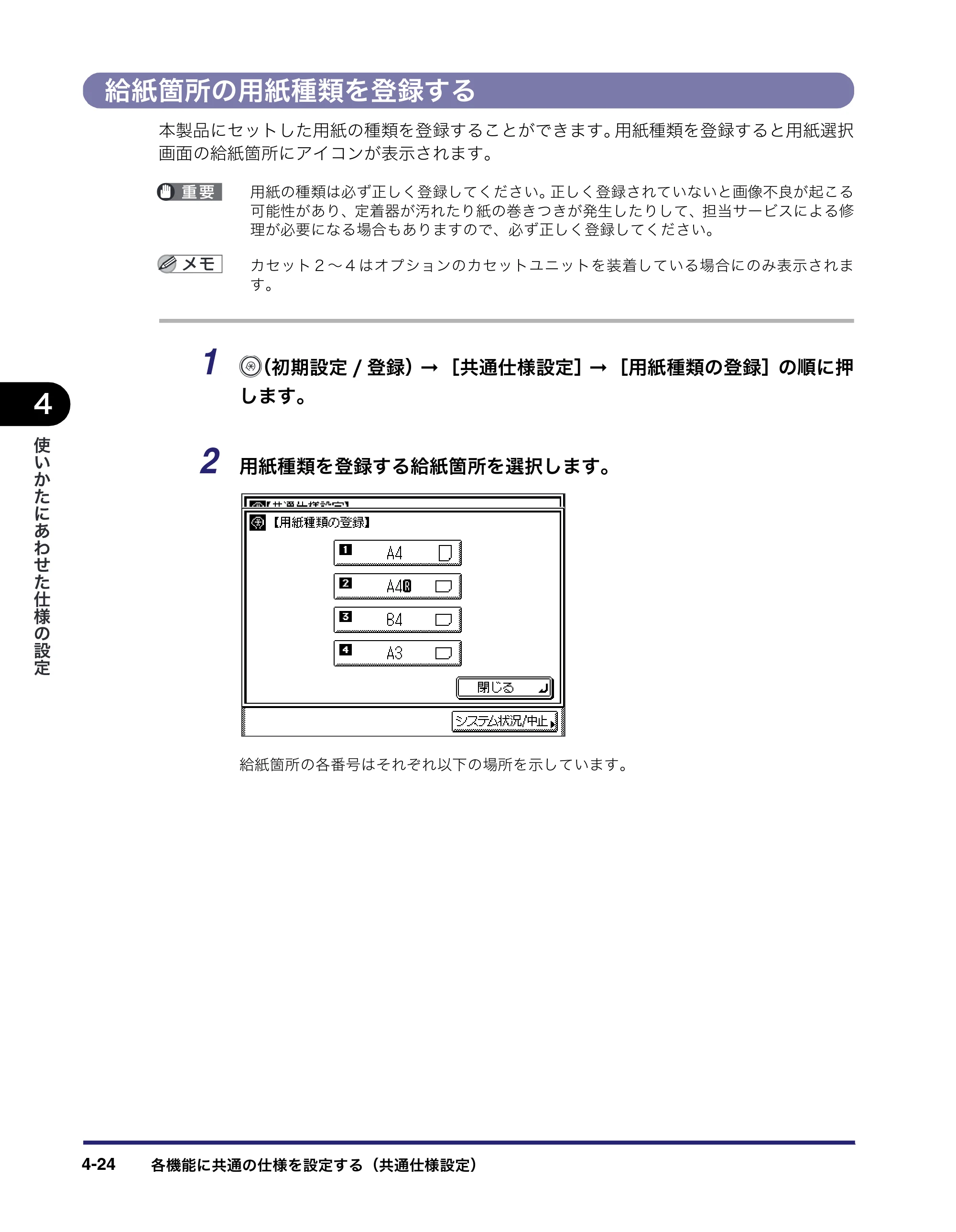 キヤノン MF7450N/MF7350N/MF7330 ユーザーズガイド （PDF形式／23.39Mバイト） — 給紙箇所の用紙種類を登録する — 原本ページ — 172ページ