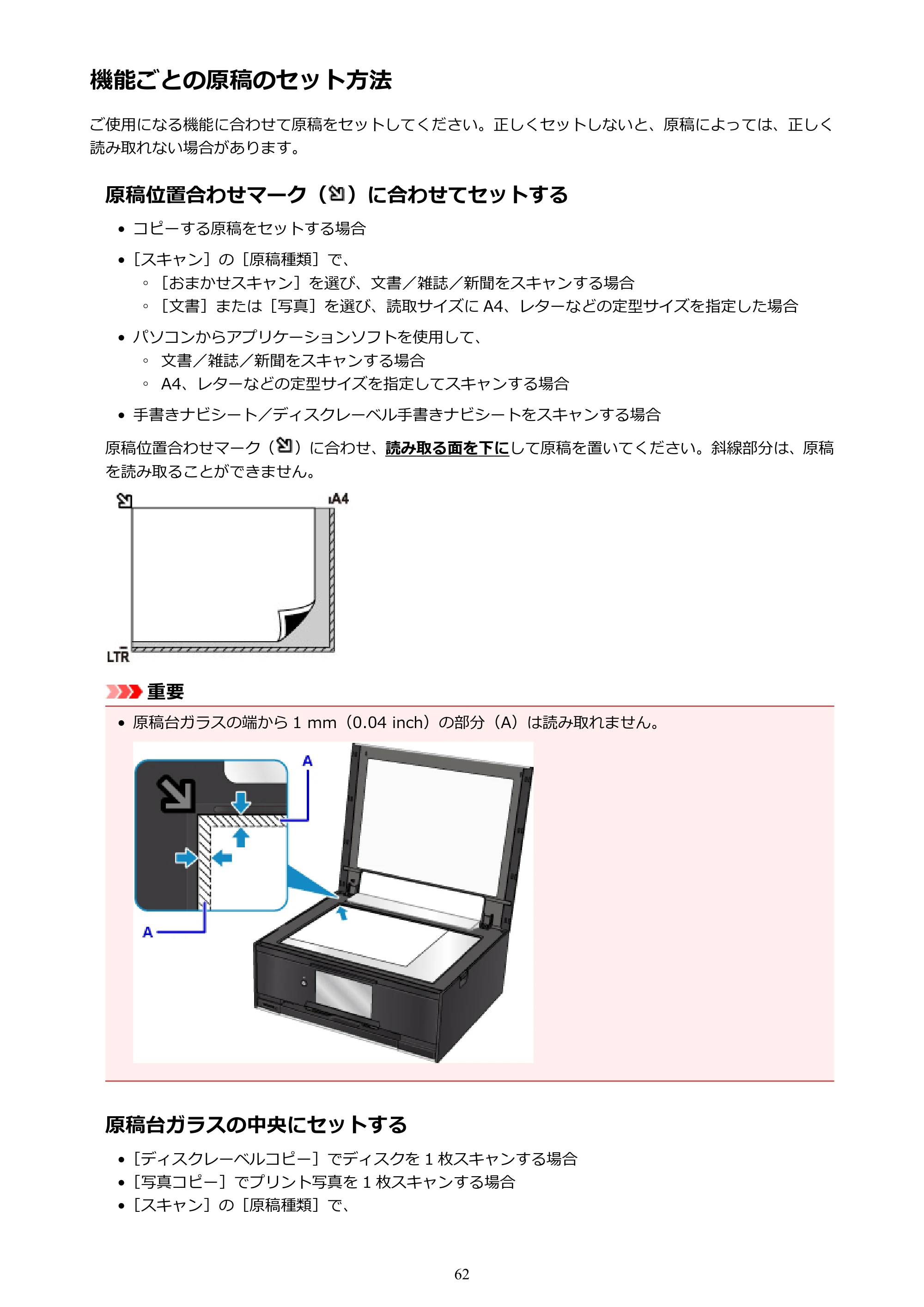 キヤノン PIXUS TS9030 電子マニュアル PDF版（Mac版）（PDF：16.3MB） — 機能ごとの原稿のセット方法 — 原本ページ — 62ページ