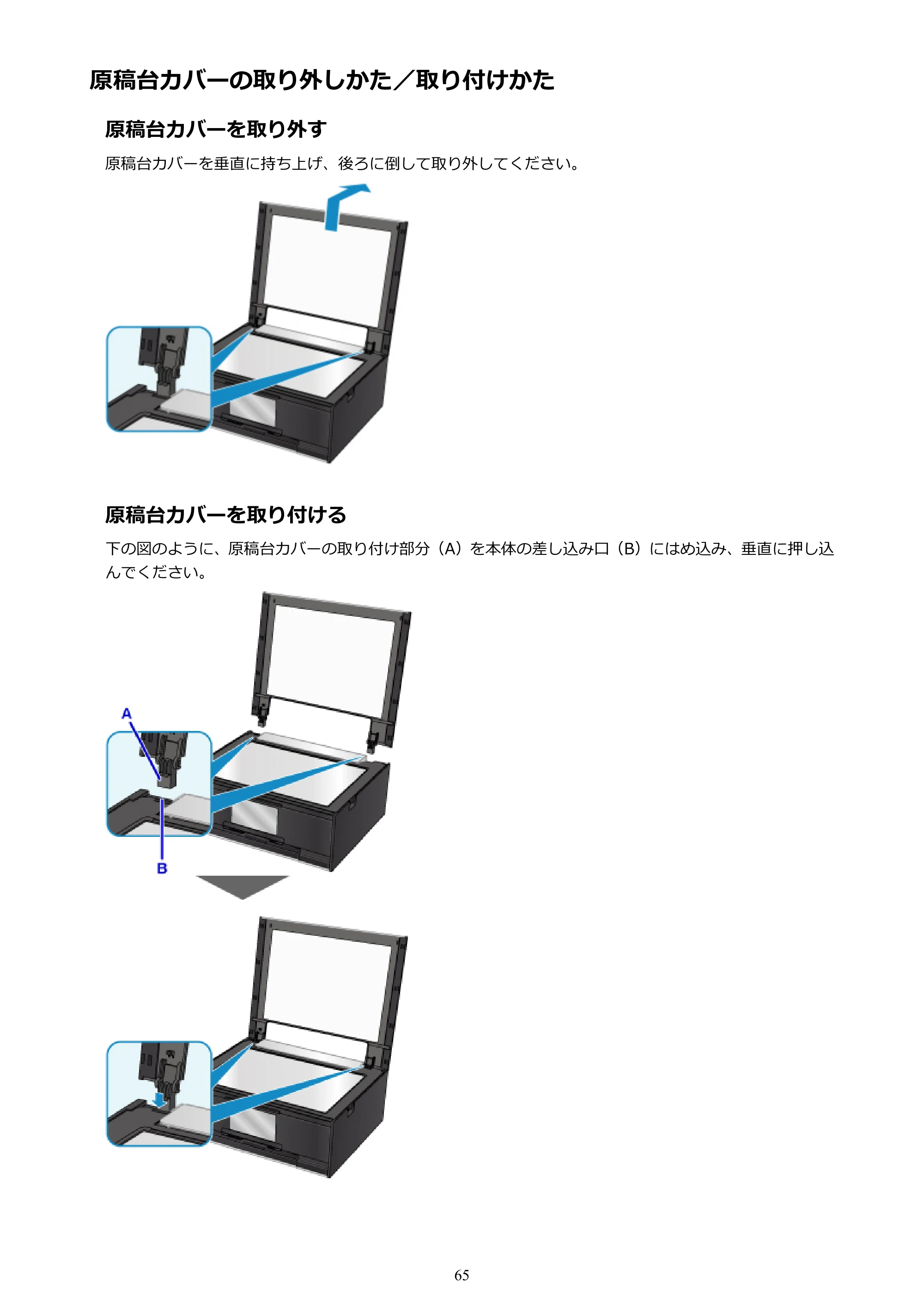 キヤノン PIXUS TS9030 電子マニュアル PDF版（Mac版）（PDF：16.3MB） — 原稿台カバーの取り外しかた／取り付けかた — 原本ページ — 65ページ