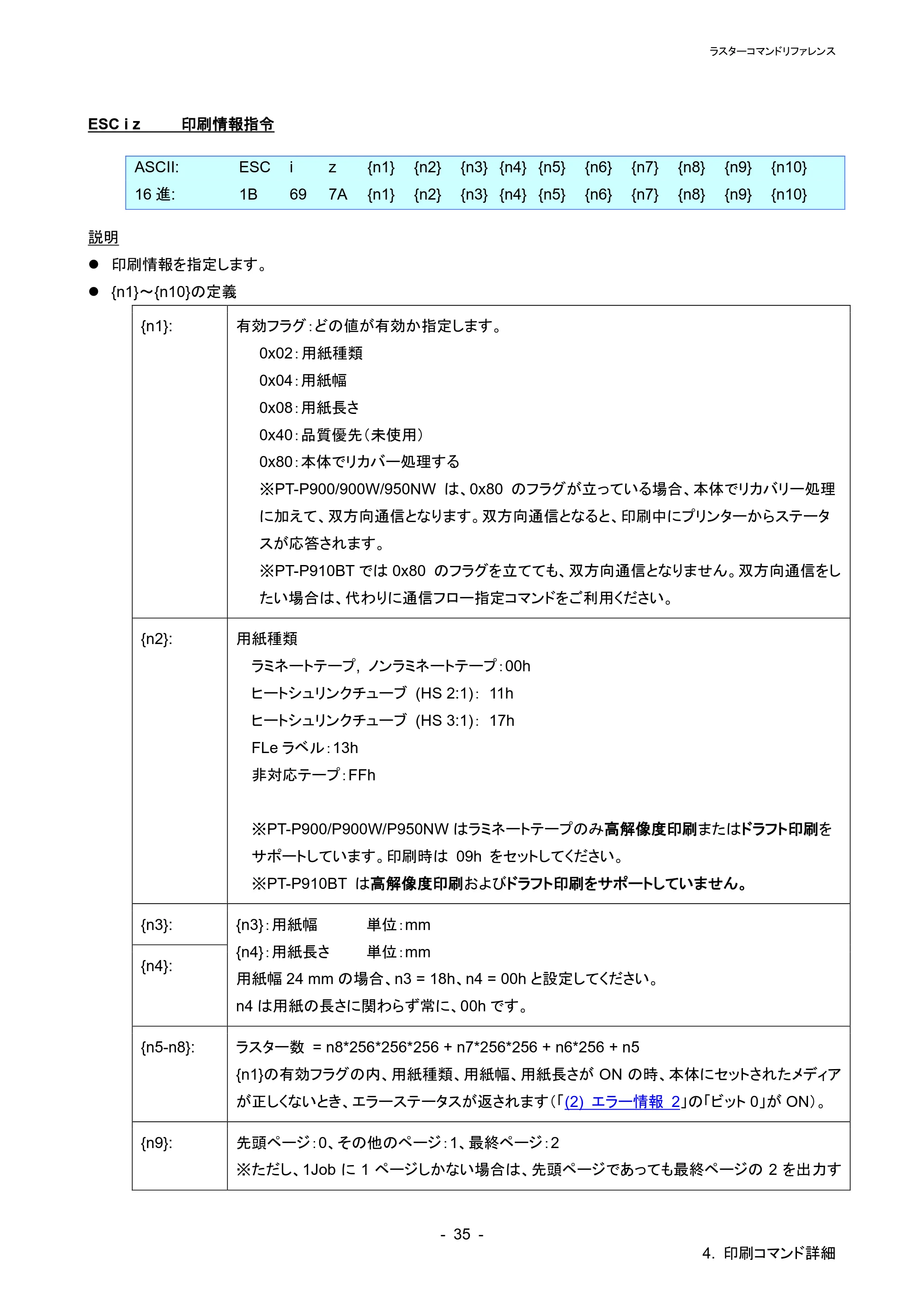 ブラザー PT-P900W / PT-P910BT / PT-P950NW ラスターコマンドリファレンス — ESC i d 余白量（フィード量）指定 — 原本ページ — 39ページ
