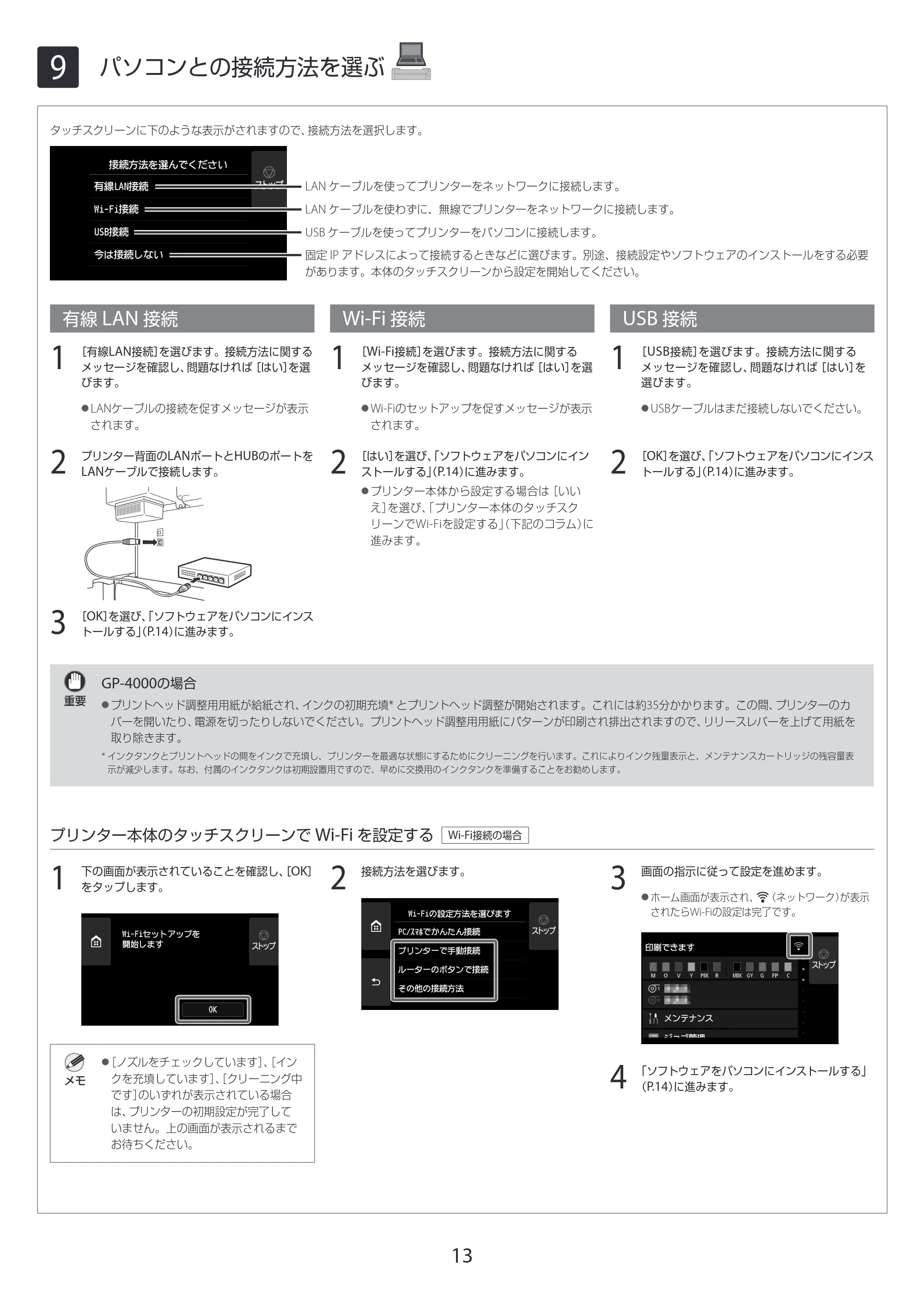 キヤノン GP-2000/GP-4000 GP-4000／GP-2000 セットアップガイド 2021年12月9日掲載（PDF：4.06MB） — 9 パソコンとの接続方法を選ぶ — 原本ページ — 13ページ