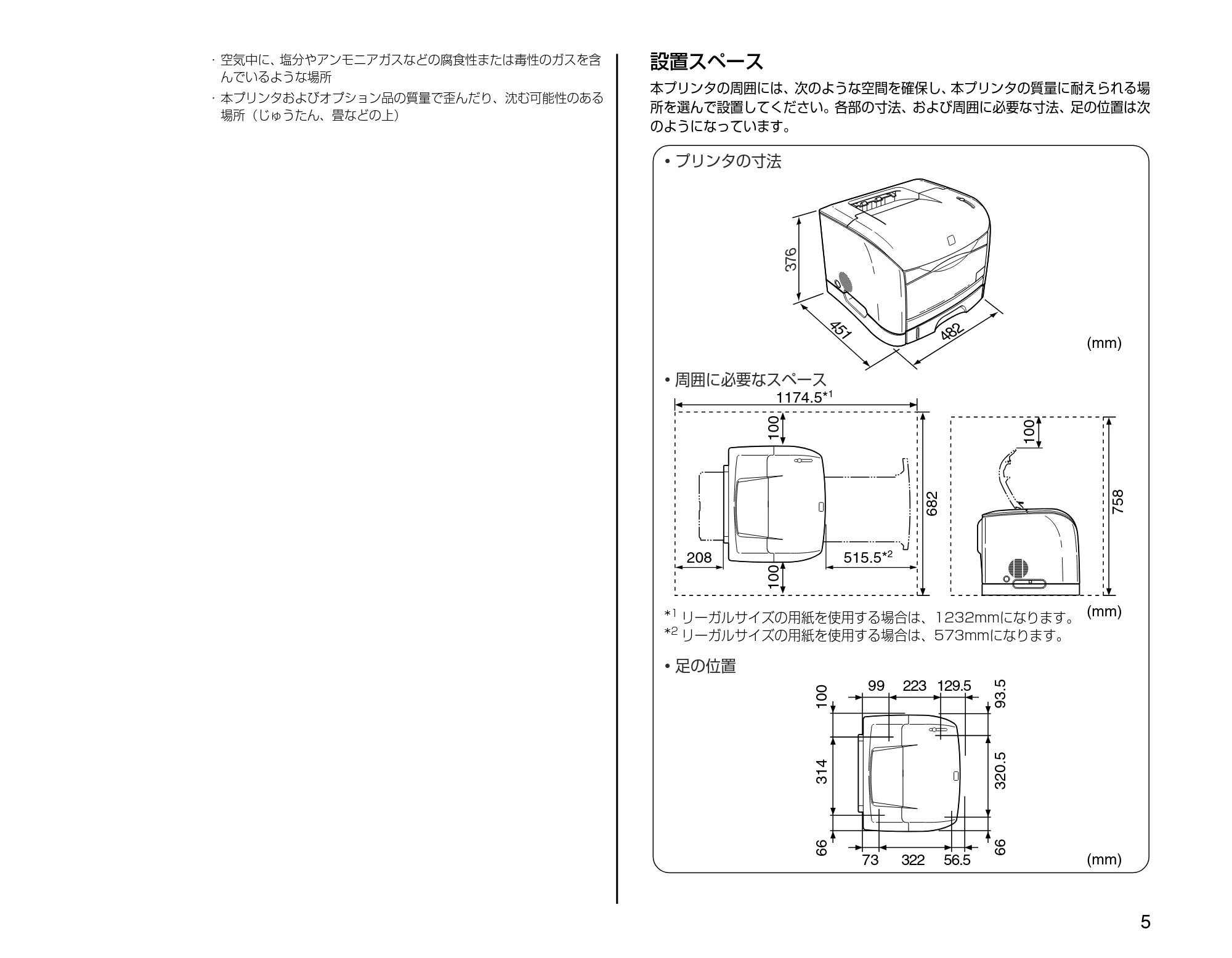 キヤノン LBP5200 設置時にお読みください 2005年8月29日更新 （PDF形式／2.86Mバイト） — 設置スペース — 原本ページ — 5ページ
